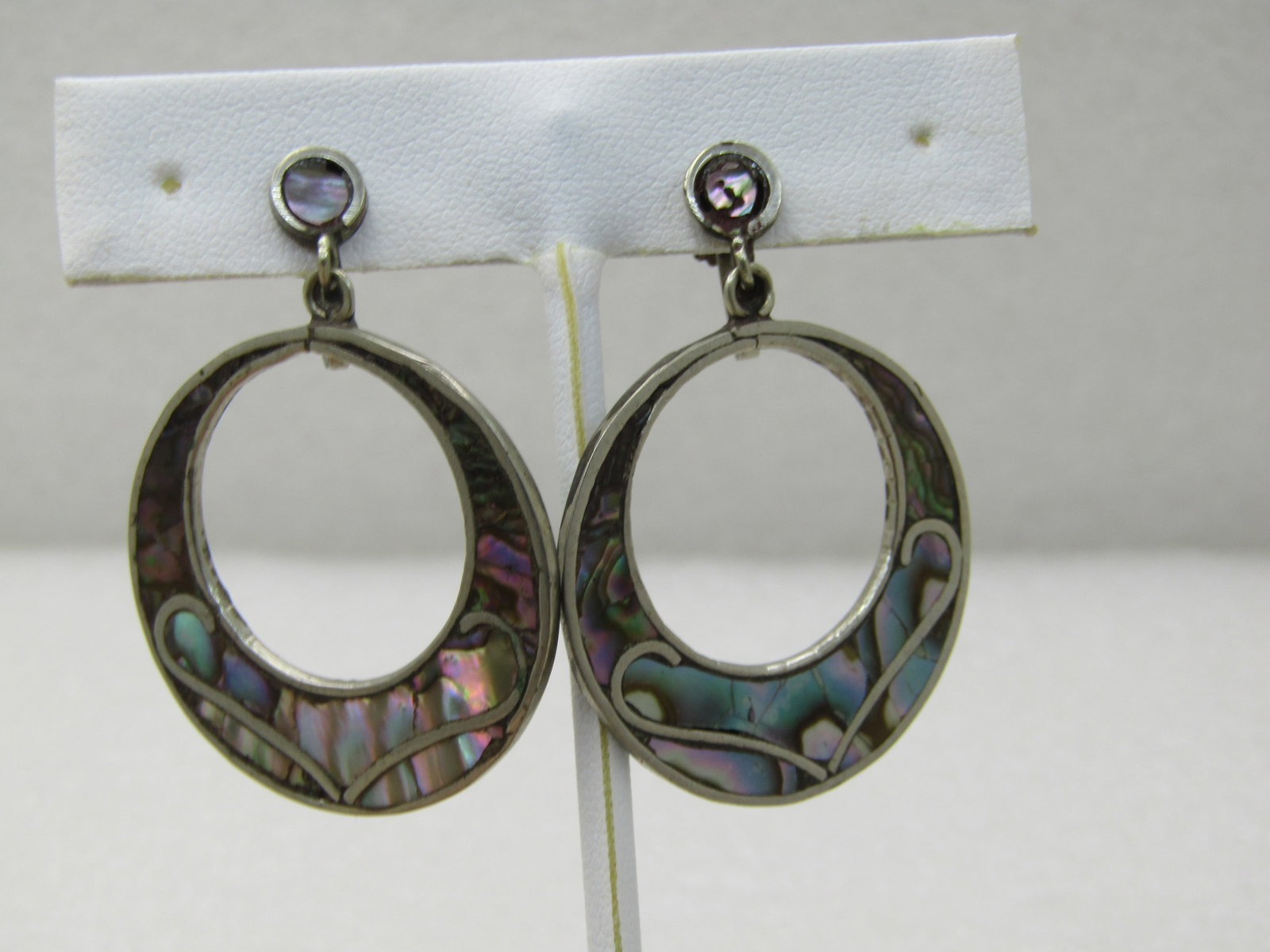 Vintage Sterling Mexican Abalone Earrings, Stud/Dangle Hoops, Screw Back, 1950's-1960's, 1.75" - 2