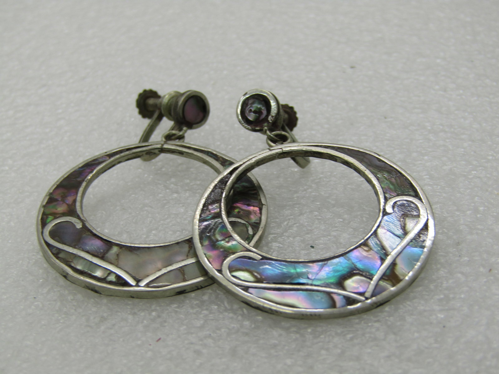 Vintage Sterling Mexican Abalone Earrings, Stud/Dangle Hoops, Screw Back, 1950's-1960's, 1.75" - 5