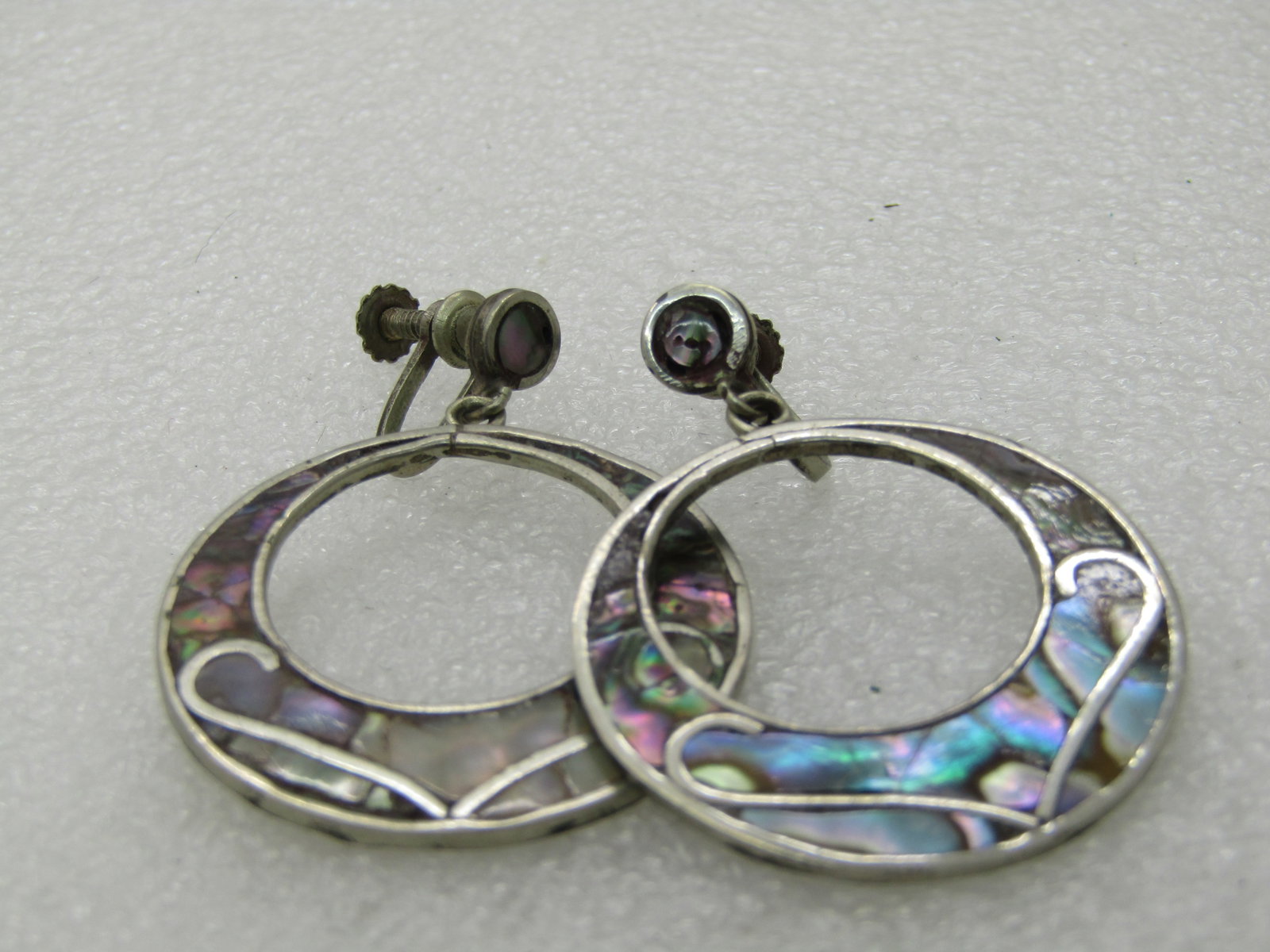 Vintage Sterling Mexican Abalone Earrings, Stud/Dangle Hoops, Screw Back, 1950's-1960's, 1.75" - 7