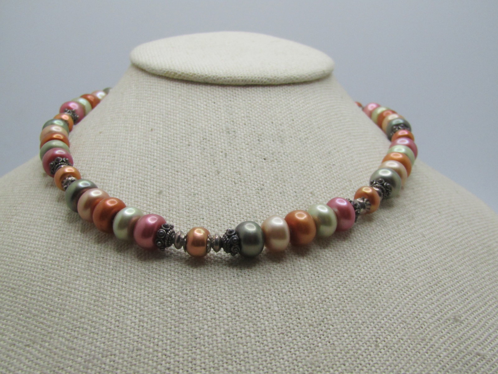 Vintage Sterling Tahitian Pearl & Silver Beaded Necklace, 17", Toggle Clasp, 1990's - 2