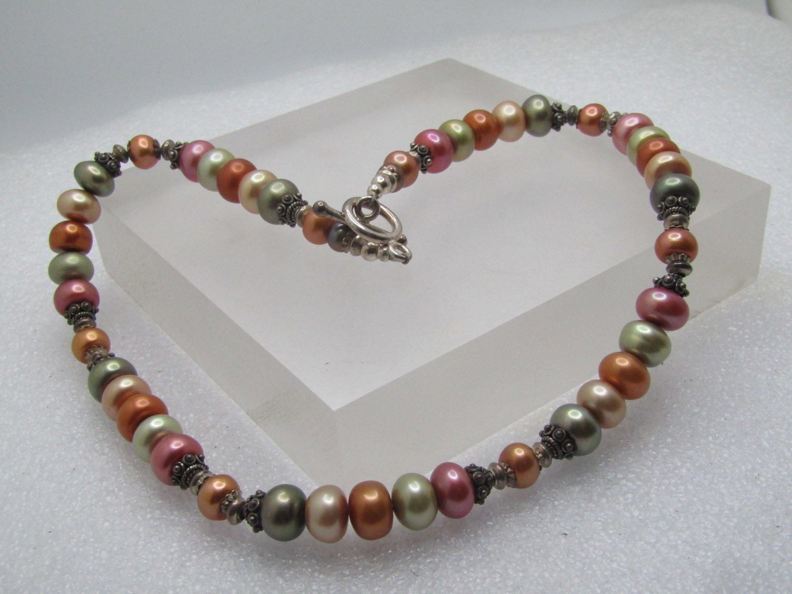 Vintage Sterling Tahitian Pearl & Silver Beaded Necklace, 17", Toggle Clasp, 1990's - 4