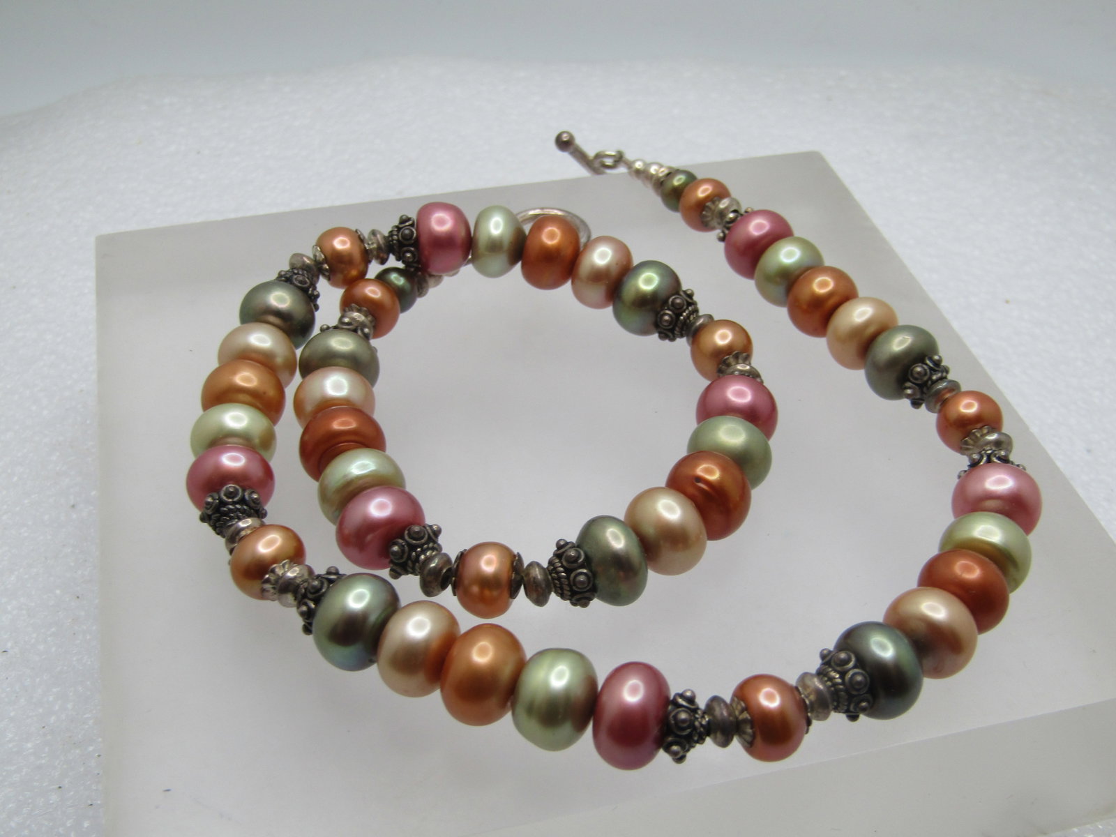 Vintage Sterling Tahitian Pearl & Silver Beaded Necklace, 17", Toggle Clasp, 1990's - 5