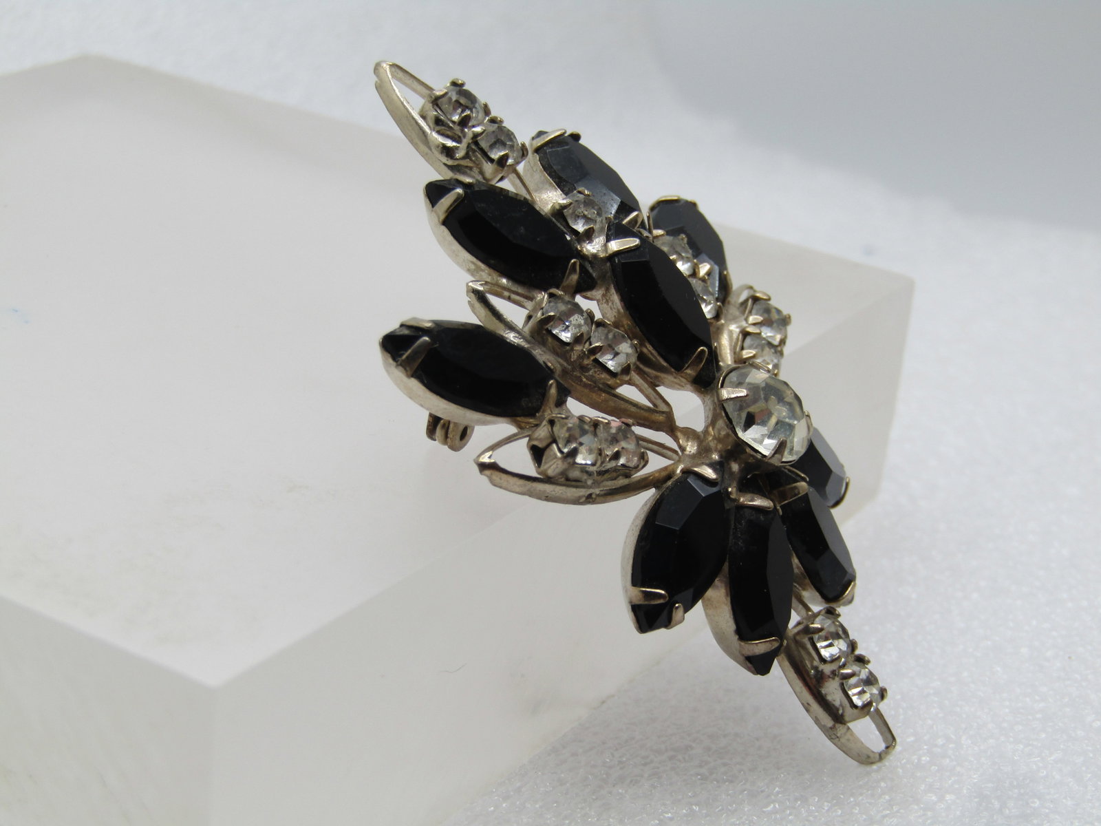 Vintage Black Clear Rhinestone Brooch, 1950's-1960's - 3