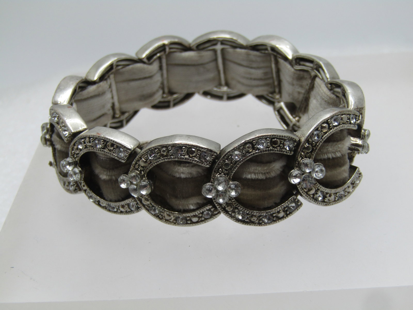 Vintage Clear CZ & Gray Velvet Stretch Bracelet, 7"+, 1990's - 2