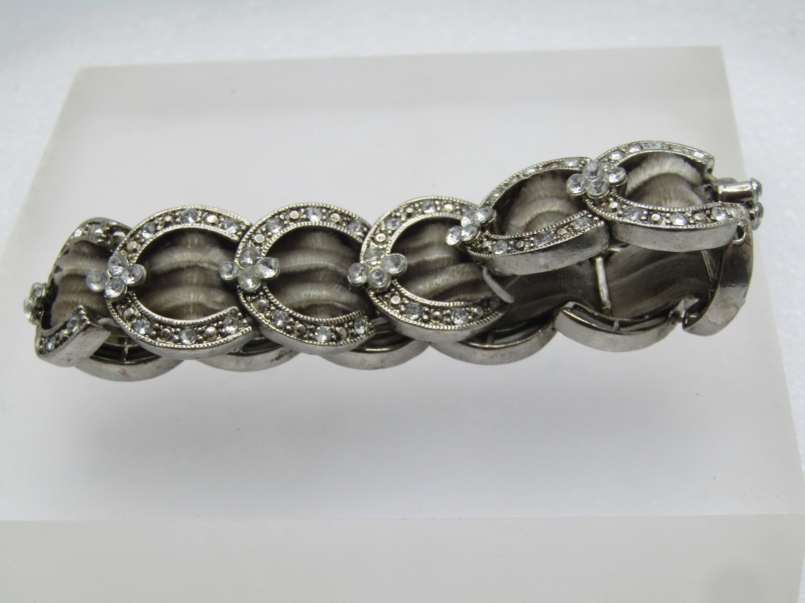 Vintage Clear CZ & Gray Velvet Stretch Bracelet, 7"+, 1990's - 4