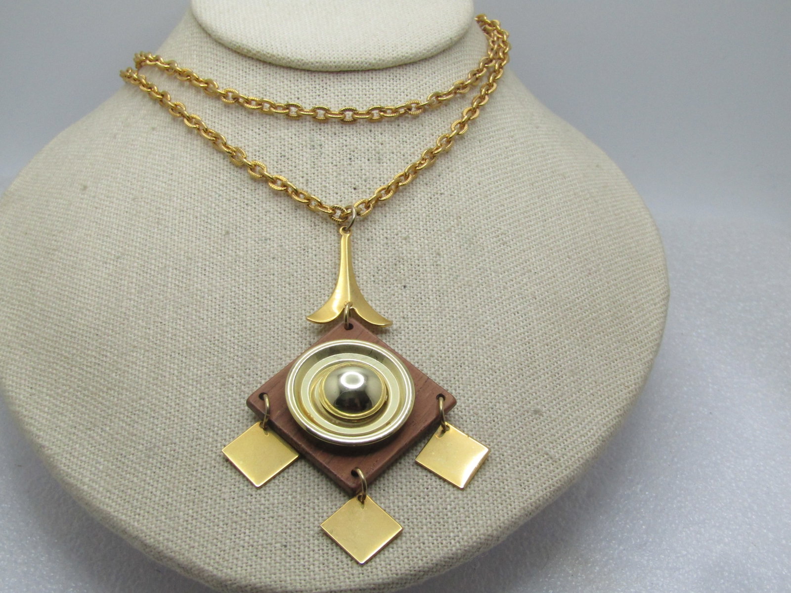 Vintage Mod Dangle Necklace, Mid-Century, Wood & Metal, 30" - 3