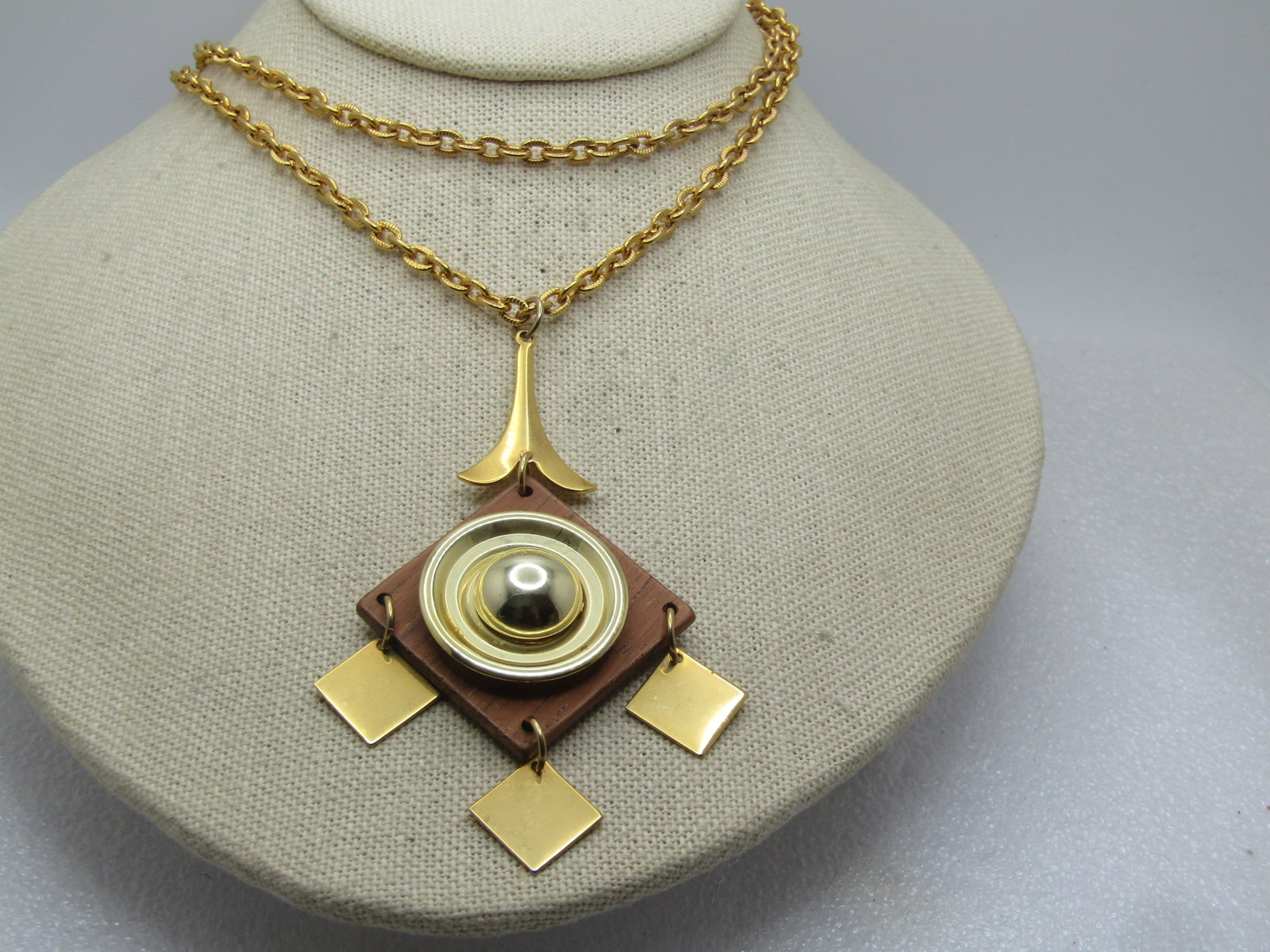 Vintage Mod Dangle Necklace, Mid-Century, Wood & Metal, 30" - 4