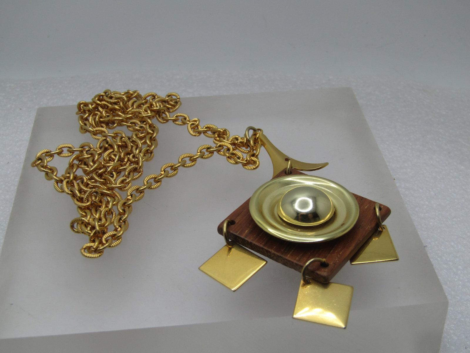 Vintage Mod Dangle Necklace, Mid-Century, Wood & Metal, 30" - 5