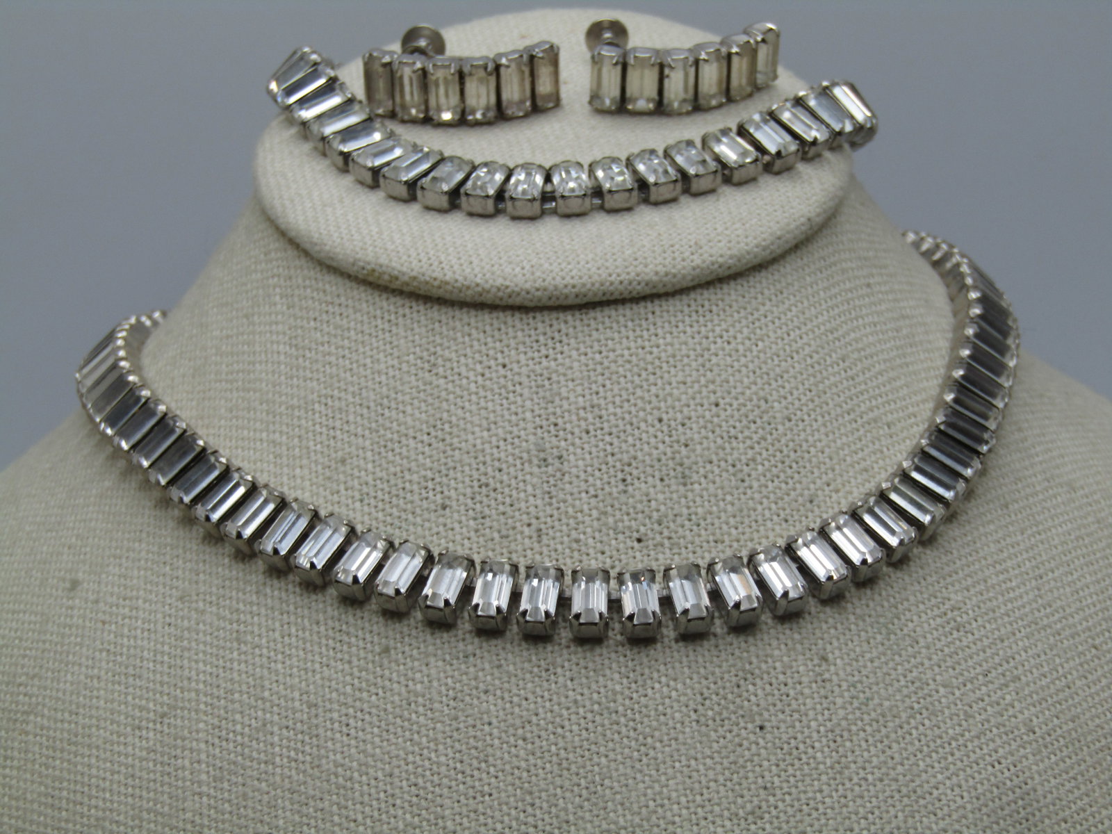 Vintage Clear Baguette Necklace, Bracelet, Earrings Set, 1940's-1960's - 2