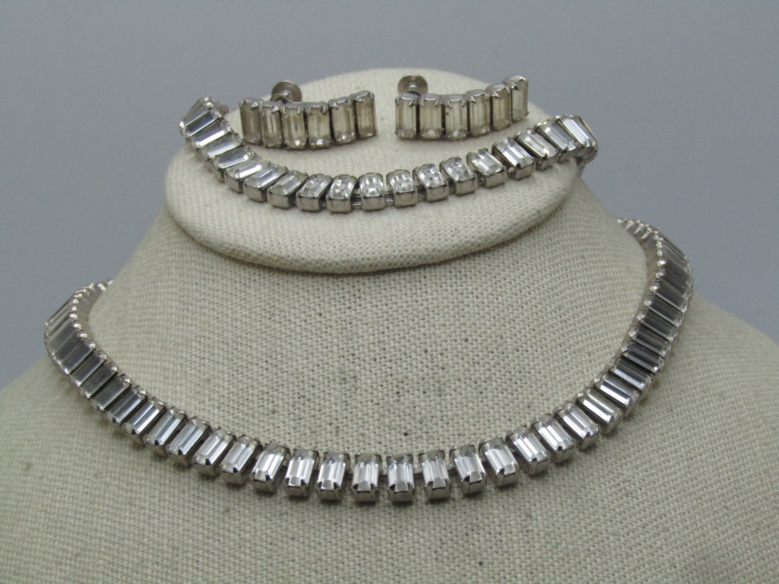 Vintage Clear Baguette Necklace, Bracelet, Earrings Set, 1940's-1960's - 3