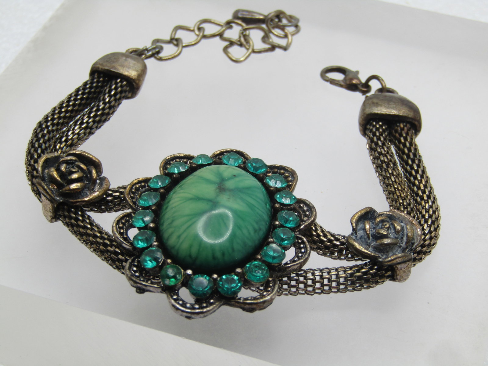 Vintage Green Rhinestone, Mesh, Rose Bracelet, 8-9", 1980's - 2