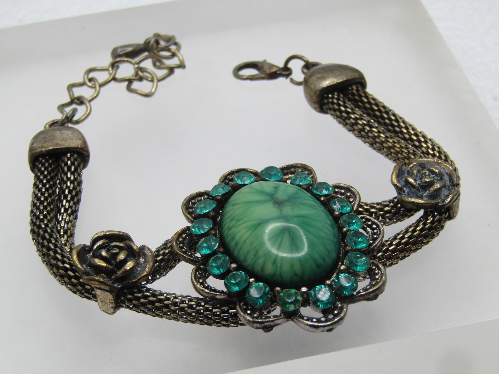 Vintage Green Rhinestone, Mesh, Rose Bracelet, 8-9", 1980's - 3