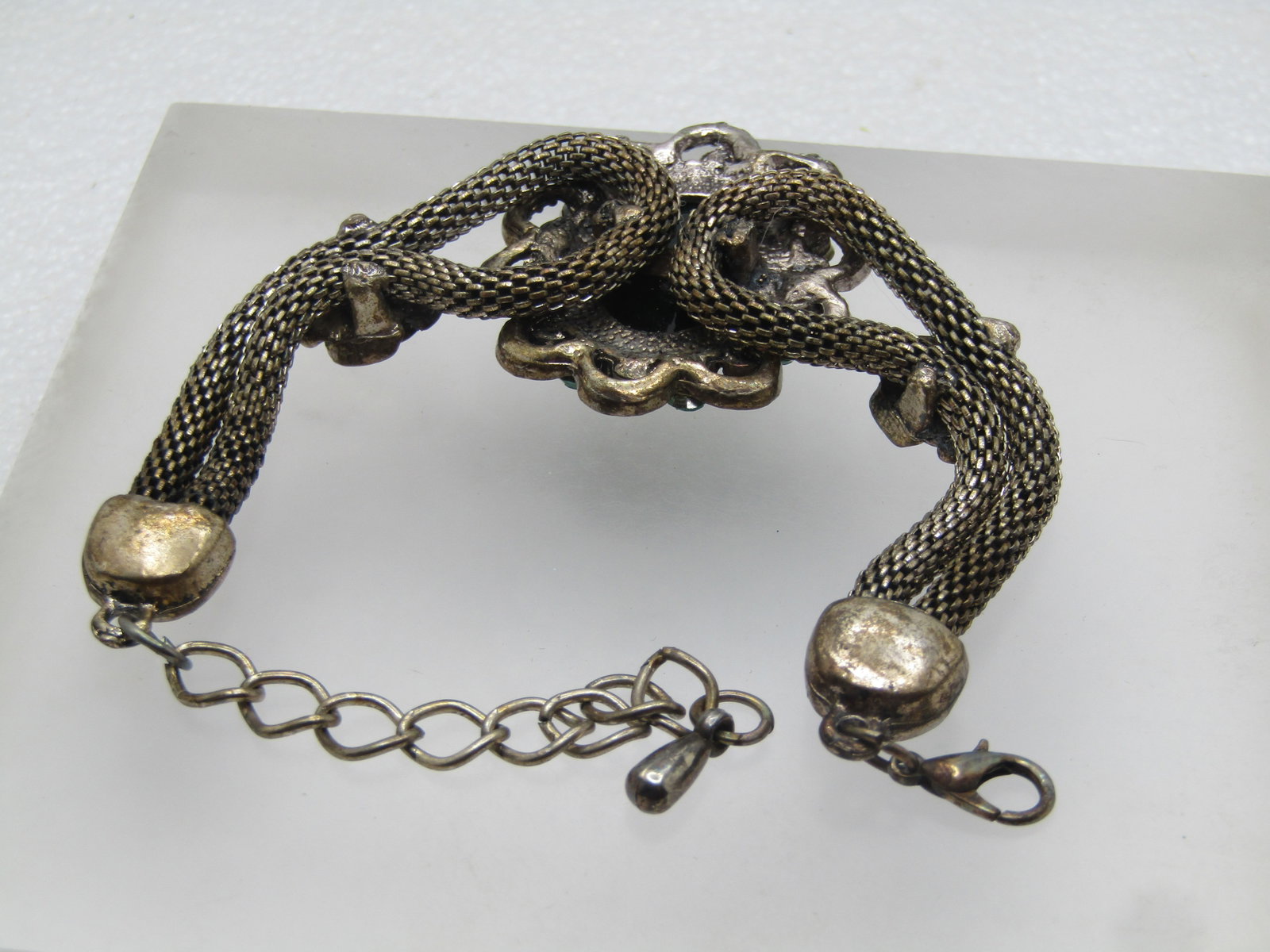 Vintage Green Rhinestone, Mesh, Rose Bracelet, 8-9", 1980's - 4