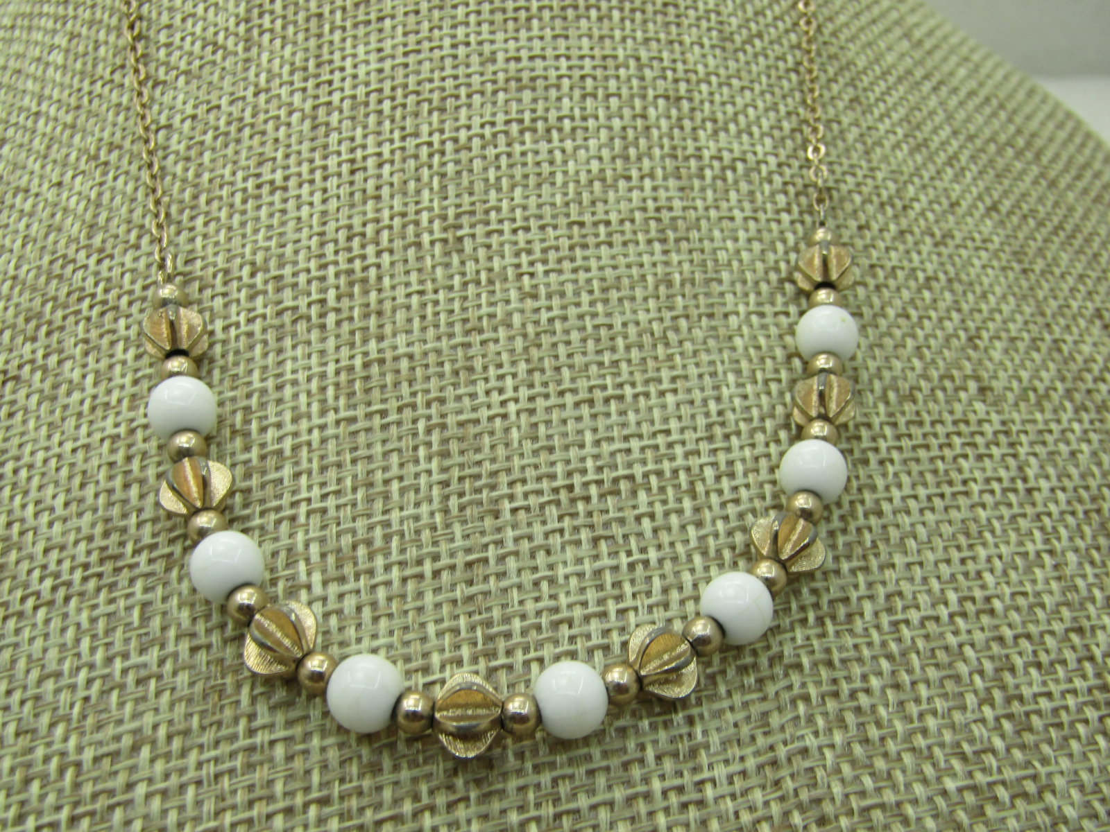 Vintage White & Gold Beaded Necklace, 17", Sarah Coventry, 1960's-1970's NL - 3