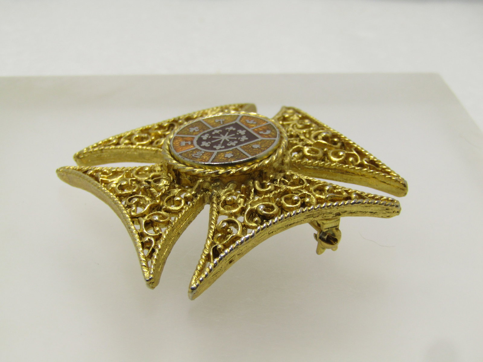 Vintage Enameled Maltese Filigree Brooch, With Crest/Shield, 1970's-1980's - 5