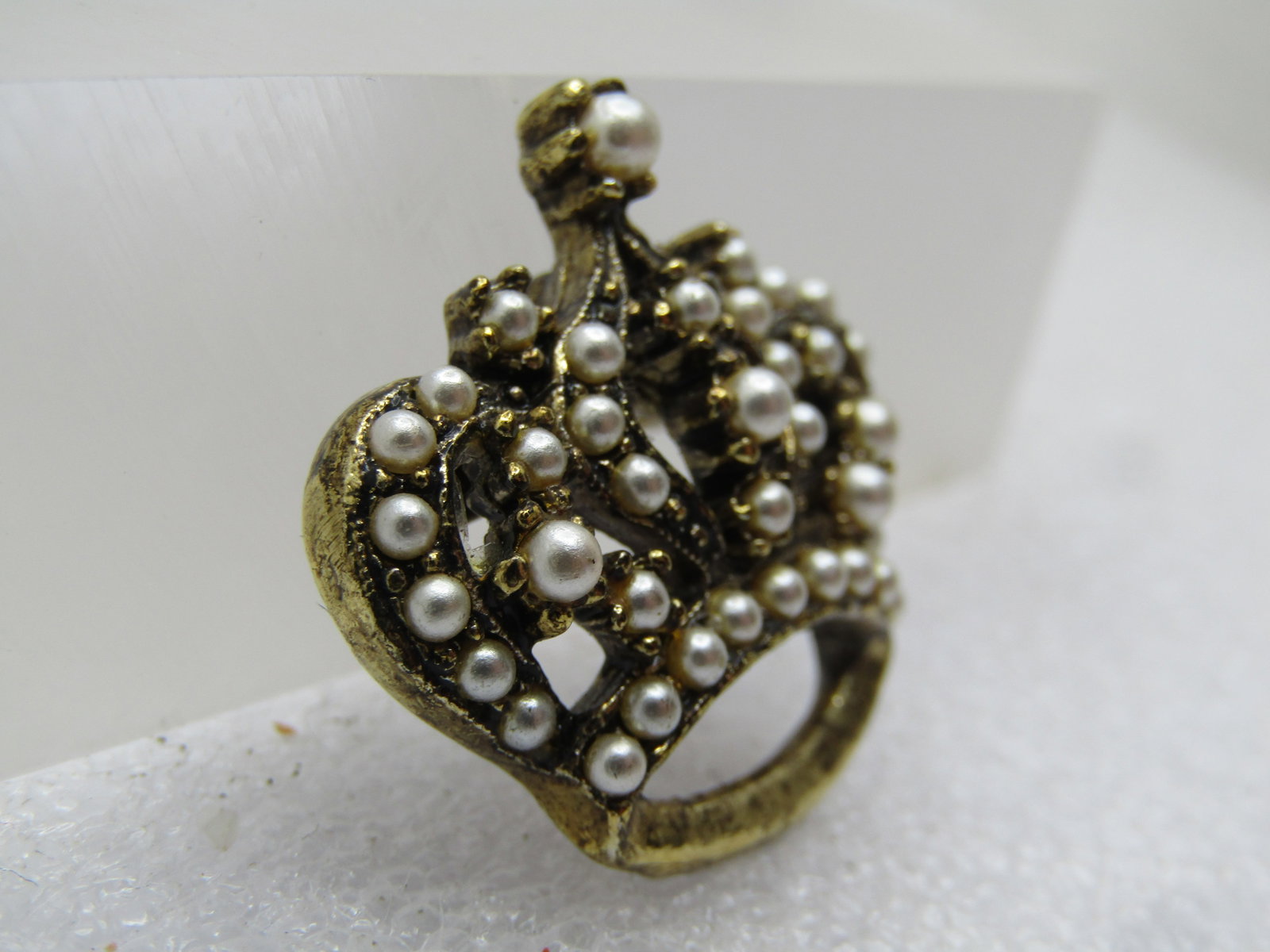 Vintage Faux Pearl Crown Brooch, 1960's-1970's - 3