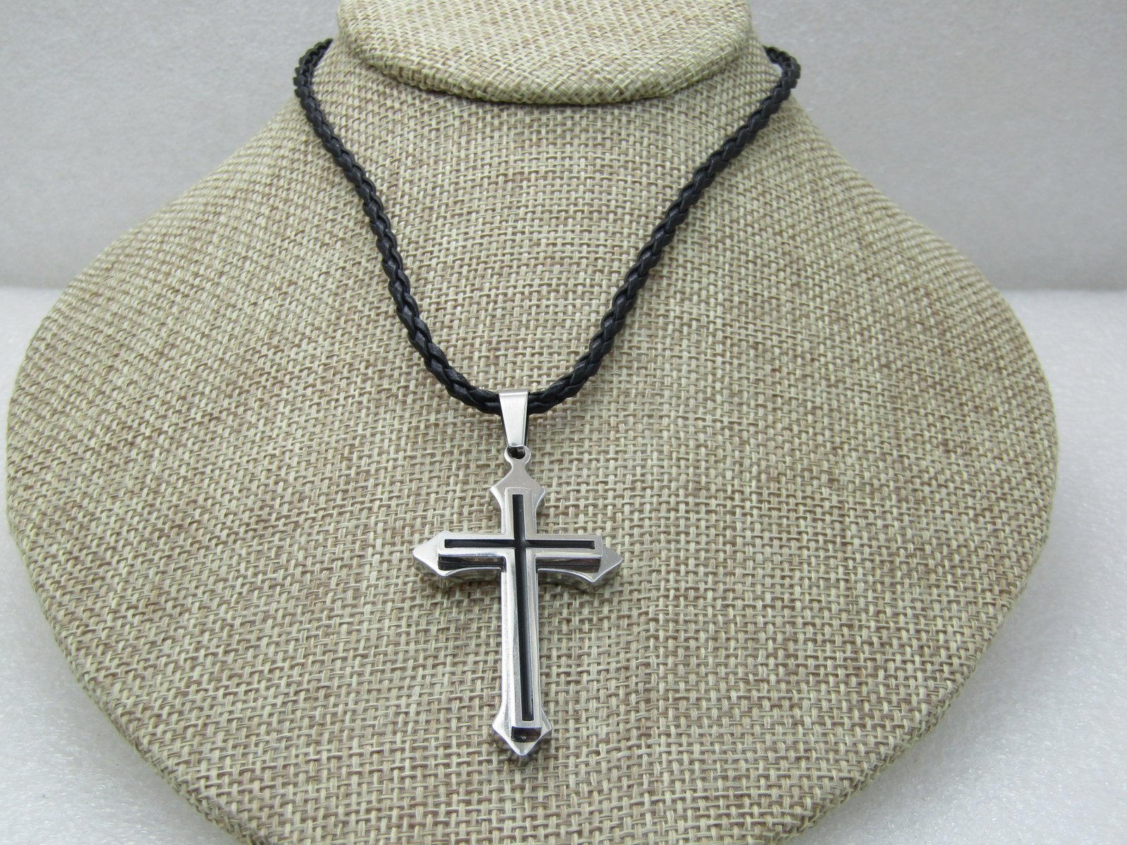 Stainless Steel Cross, Black Braided Necklace, 20", Black Enameling on Cross (1 of 6)