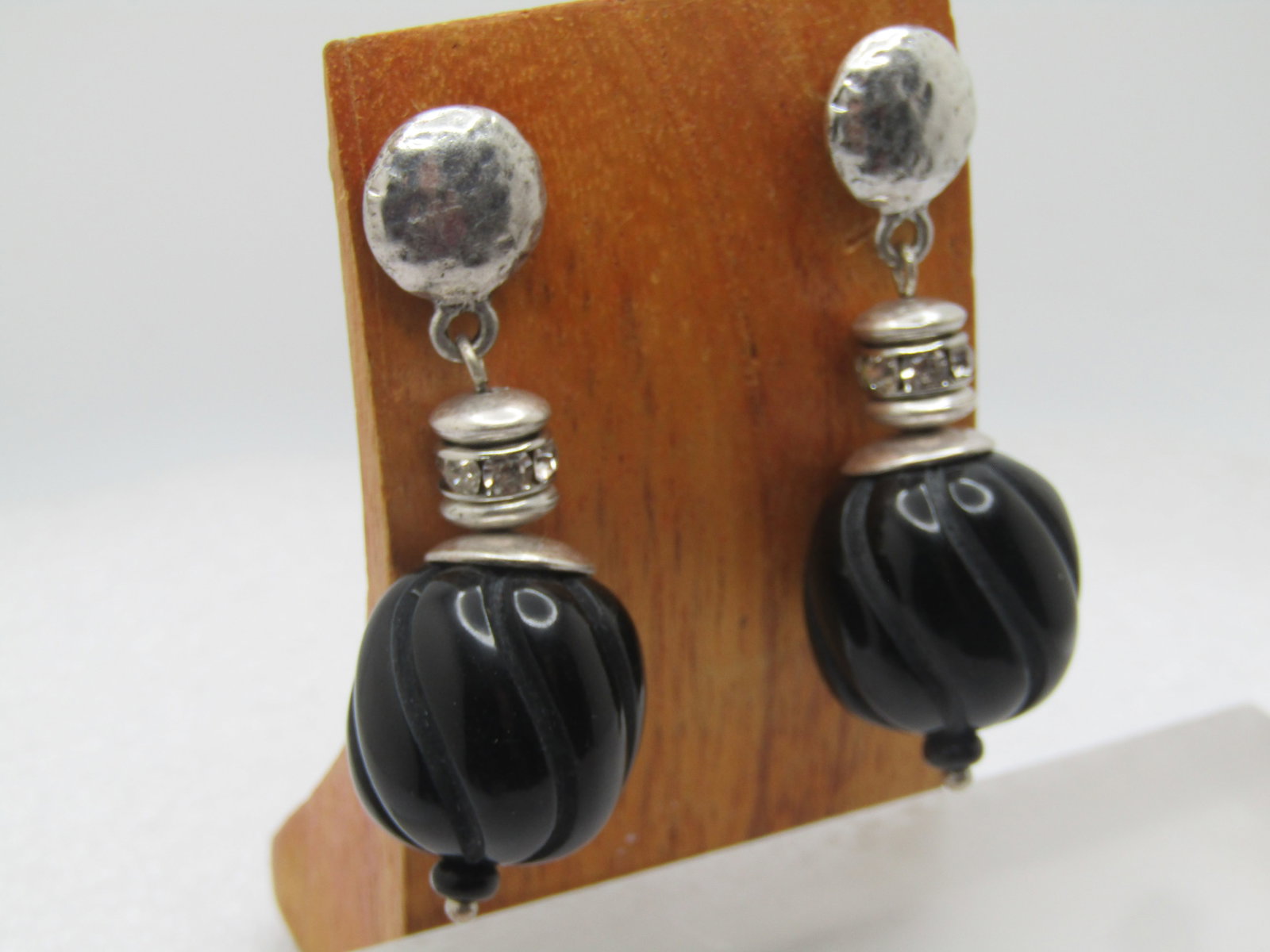 Vintage Stud & Dangle Black Twisted Bead Drop, Clear Rhiinestones, 1980's-1990's - 4