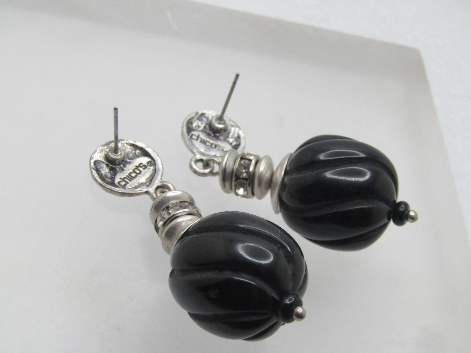 Vintage Stud & Dangle Black Twisted Bead Drop, Clear Rhiinestones, 1980's-1990's - 5