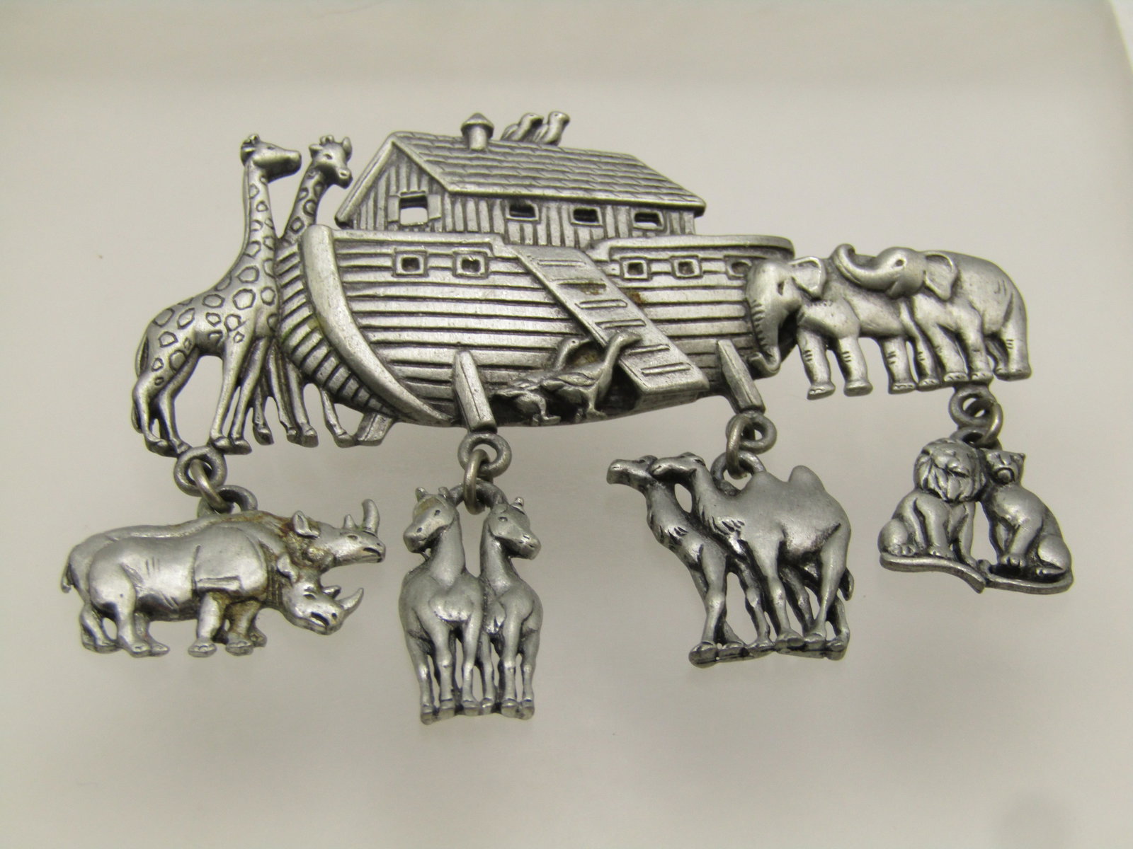 Vintage Noah's Ark Dangle Brooch, Signed JJ, 1980's, Pewter Tone: Title: Vintage Noah's Ark Dangle Brooch, Signed JJ, 1980's, Pewter Tone Description: Vintage Noah's Ark Dangle Brooch, Signed JJ, 1980's, Pewter Tone. This is a very nicely detail ark with ramp and wi