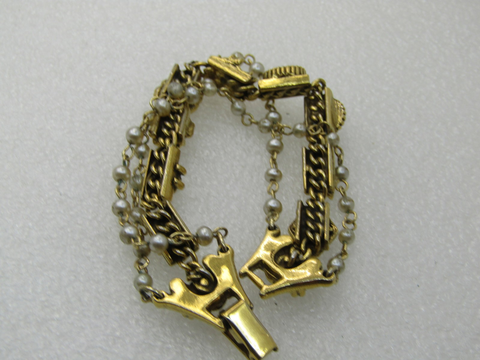 Vintage Victorian Themed Triple Strand Faux Pearl, Charm Link Bracelet, 7", 1960's - 5