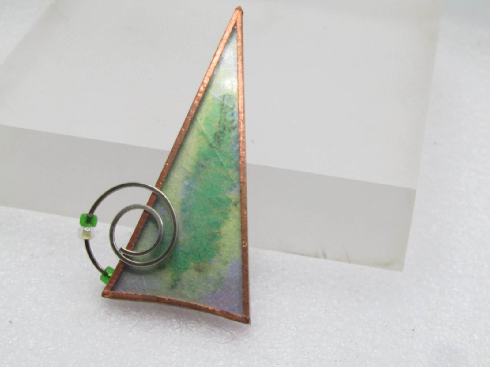 Vintage Copper Framed Forest Scene Brooch - Abstract, 1990's: Title: Vintage Copper Framed Forest Scene Brooch - Abstract, 1990's Description: Vintage Copper Framed Forest Scene Brooch - Abstract, 1990's. This is an elongated triangle that is appx. 2.75" long an