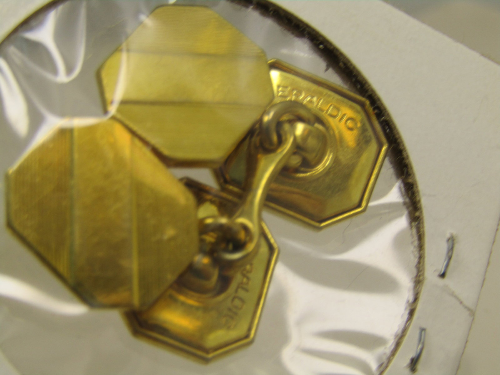 Vintage Gold Tone Ridge Cufflinks, Signed Heraldic, Bar Linked, 1930's - 3