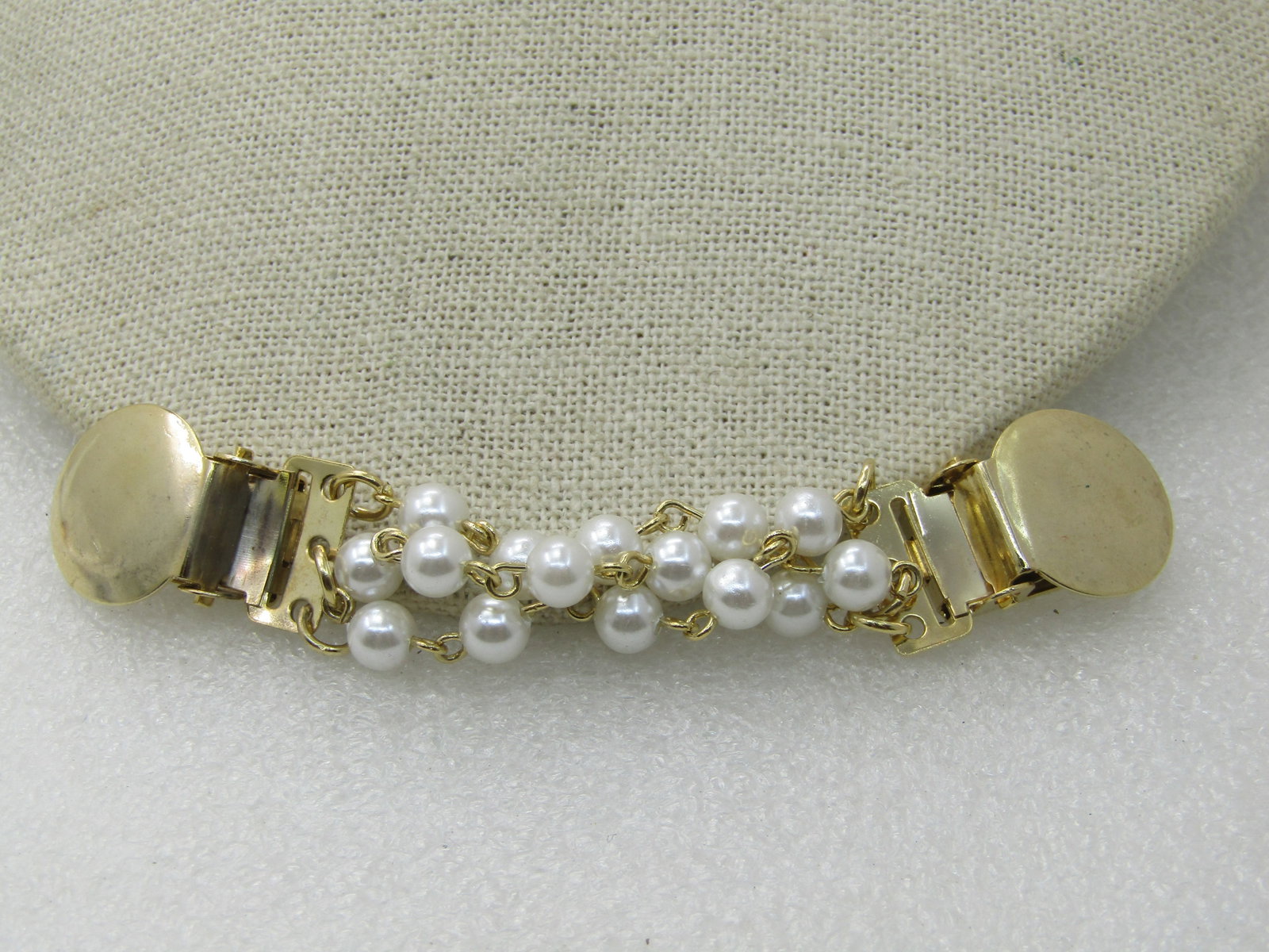Vintage Triple Faux Pearl Strand Sweater Guard , 3.75", Gold Tone, 1970's-1980's - 2