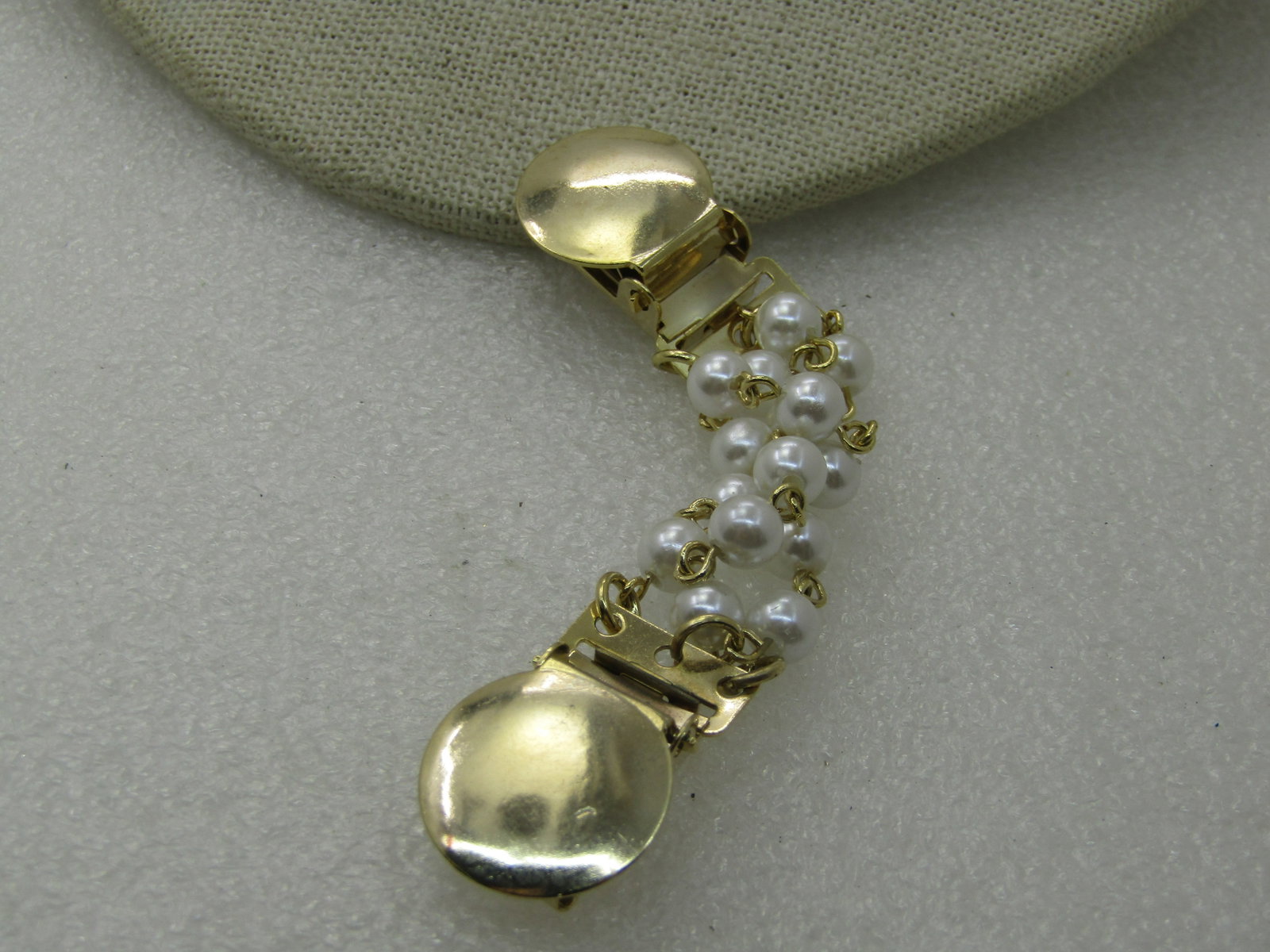 Vintage Triple Faux Pearl Strand Sweater Guard , 3.75", Gold Tone, 1970's-1980's - 3