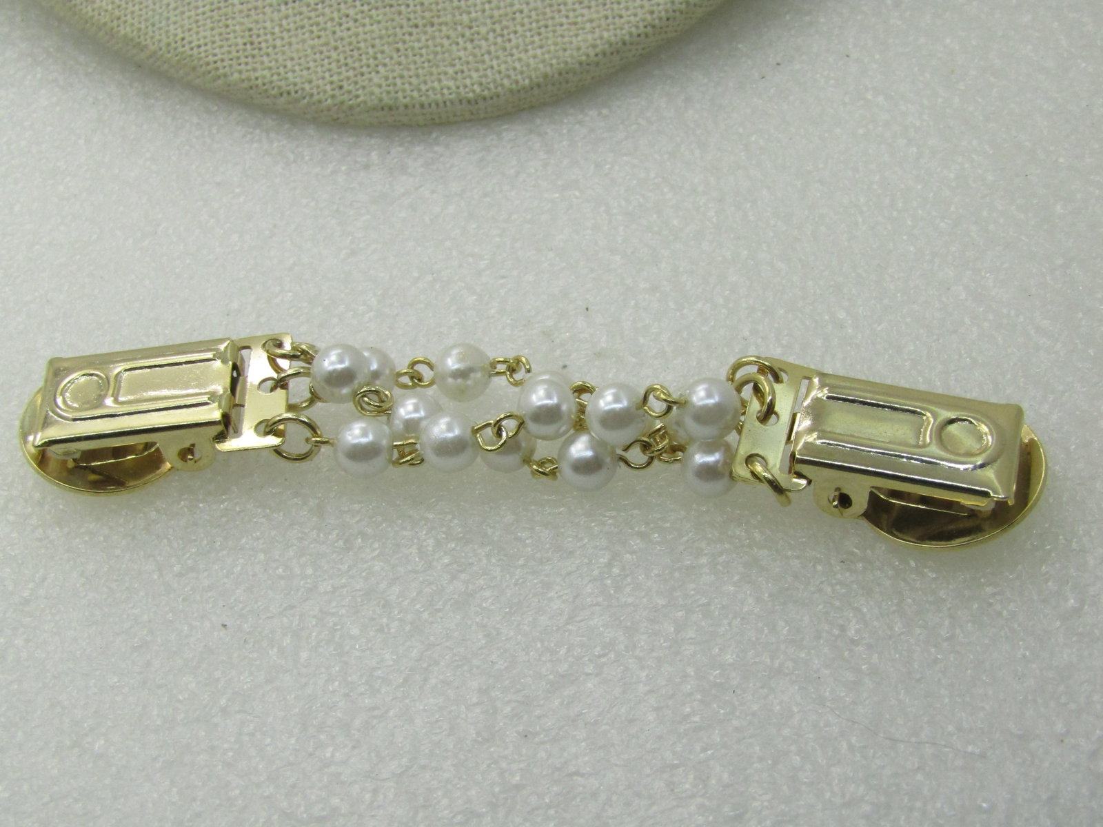 Vintage Triple Faux Pearl Strand Sweater Guard , 3.75", Gold Tone, 1970's-1980's - 4