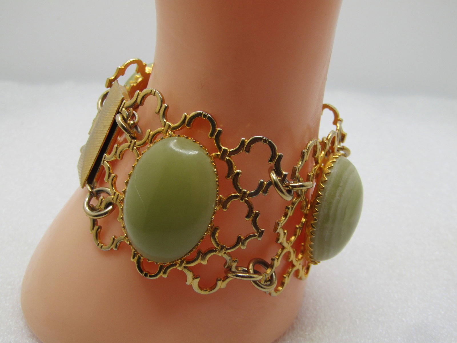 Vintage Wide Filigree Green Stone Bracelet, 7", 1960's-1970's - 2