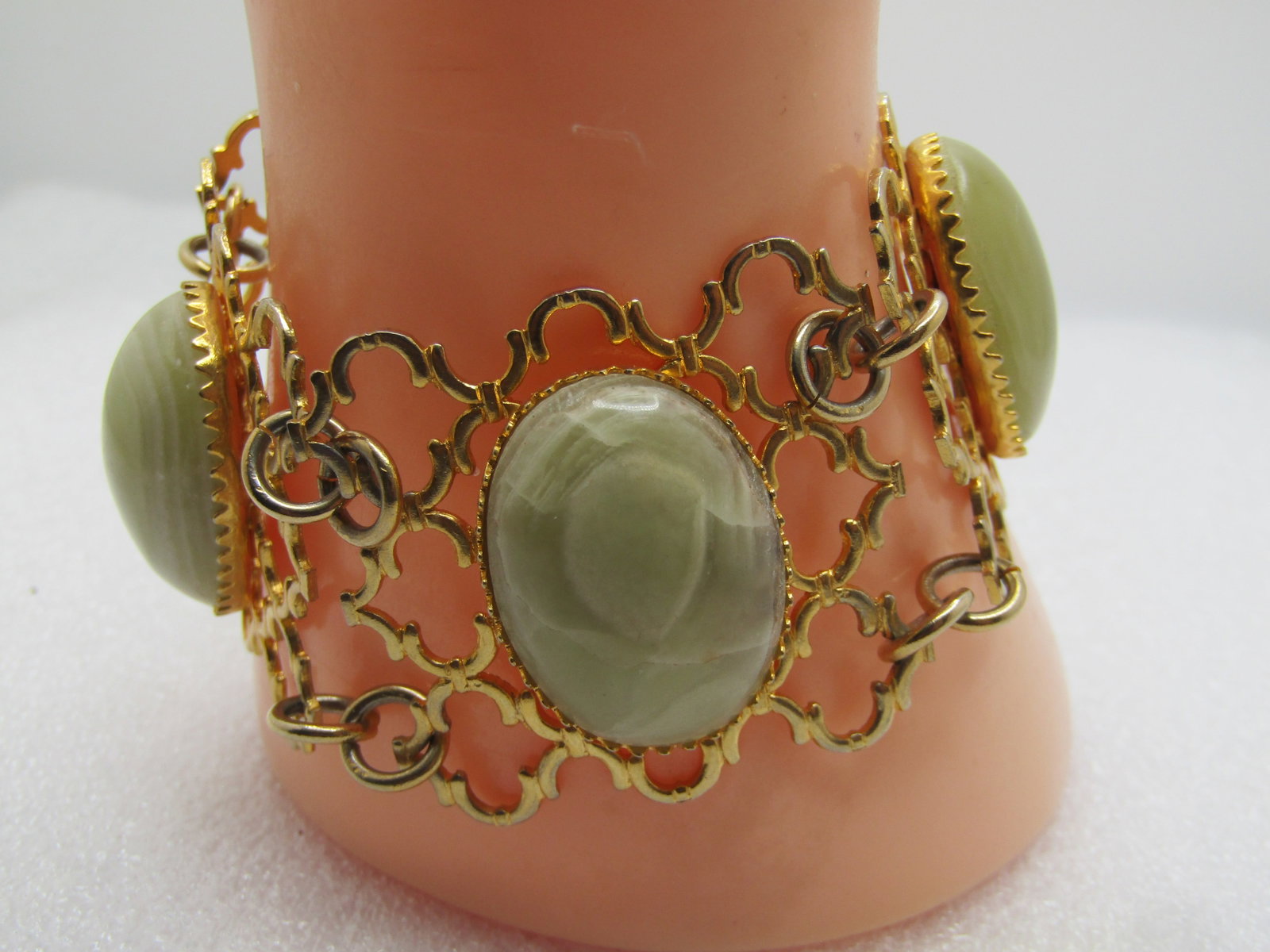 Vintage Wide Filigree Green Stone Bracelet, 7", 1960's-1970's - 3