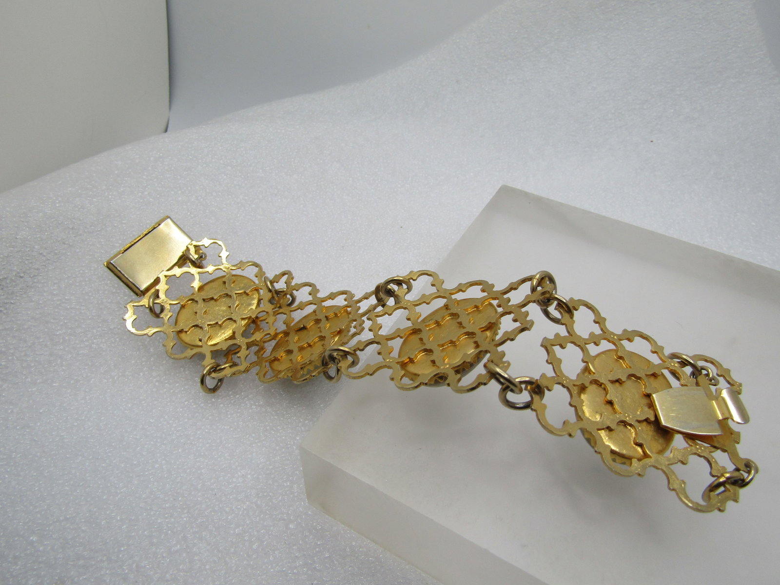 Vintage Wide Filigree Green Stone Bracelet, 7", 1960's-1970's - 6