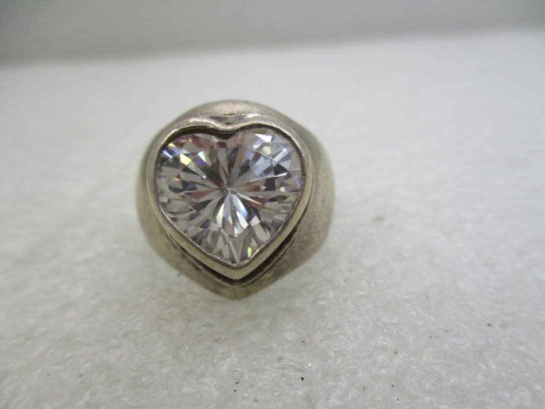Vintage Sterling Silver Heart CZ Ring, Chunky, Sz. 8 (L) - 6