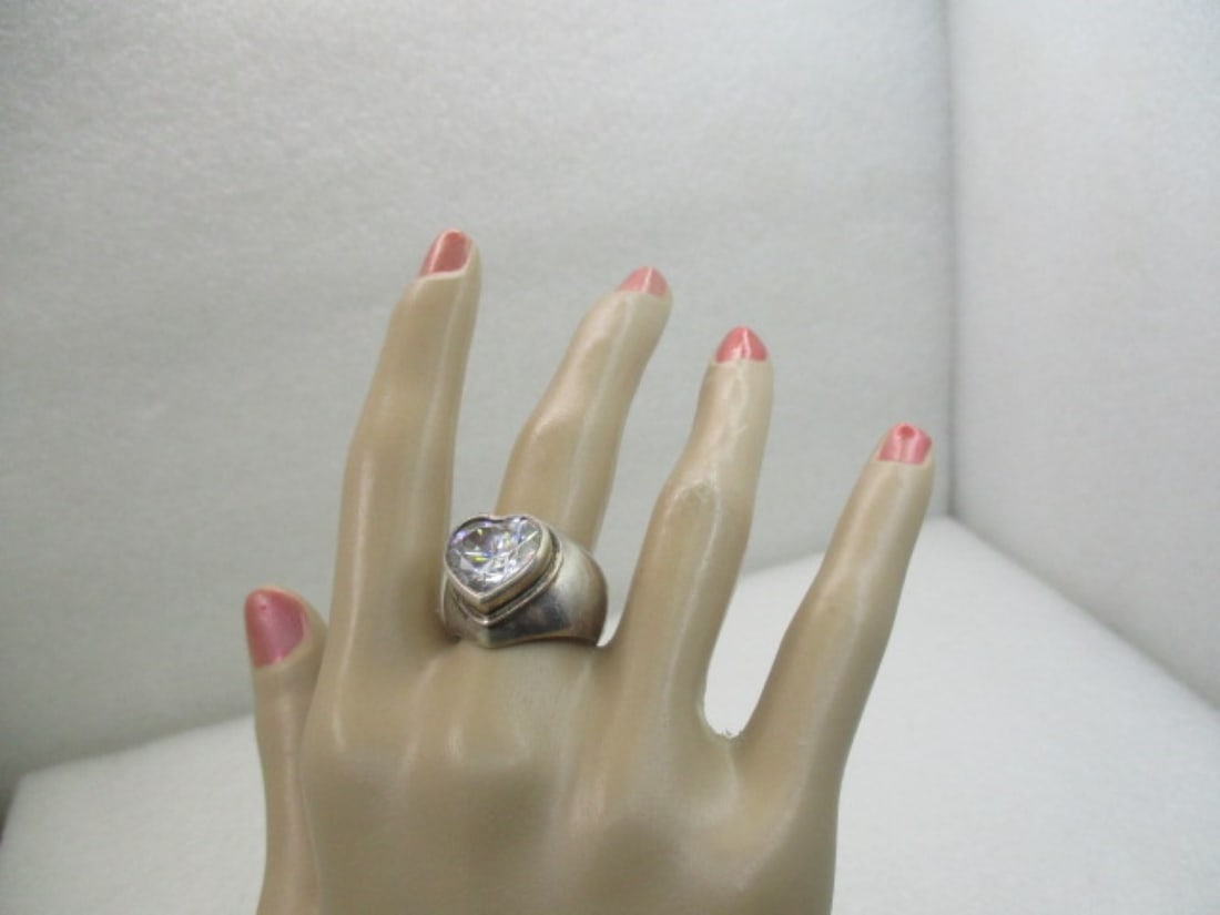 Vintage Sterling Silver Heart CZ Ring, Chunky, Sz. 8 (L) - 7