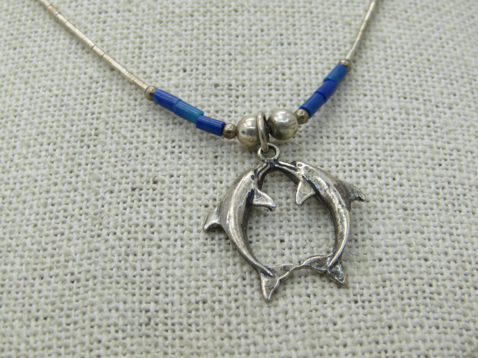 Vintage Sterling Dolphins Lapis Lazuli Necklace, 18" - 2