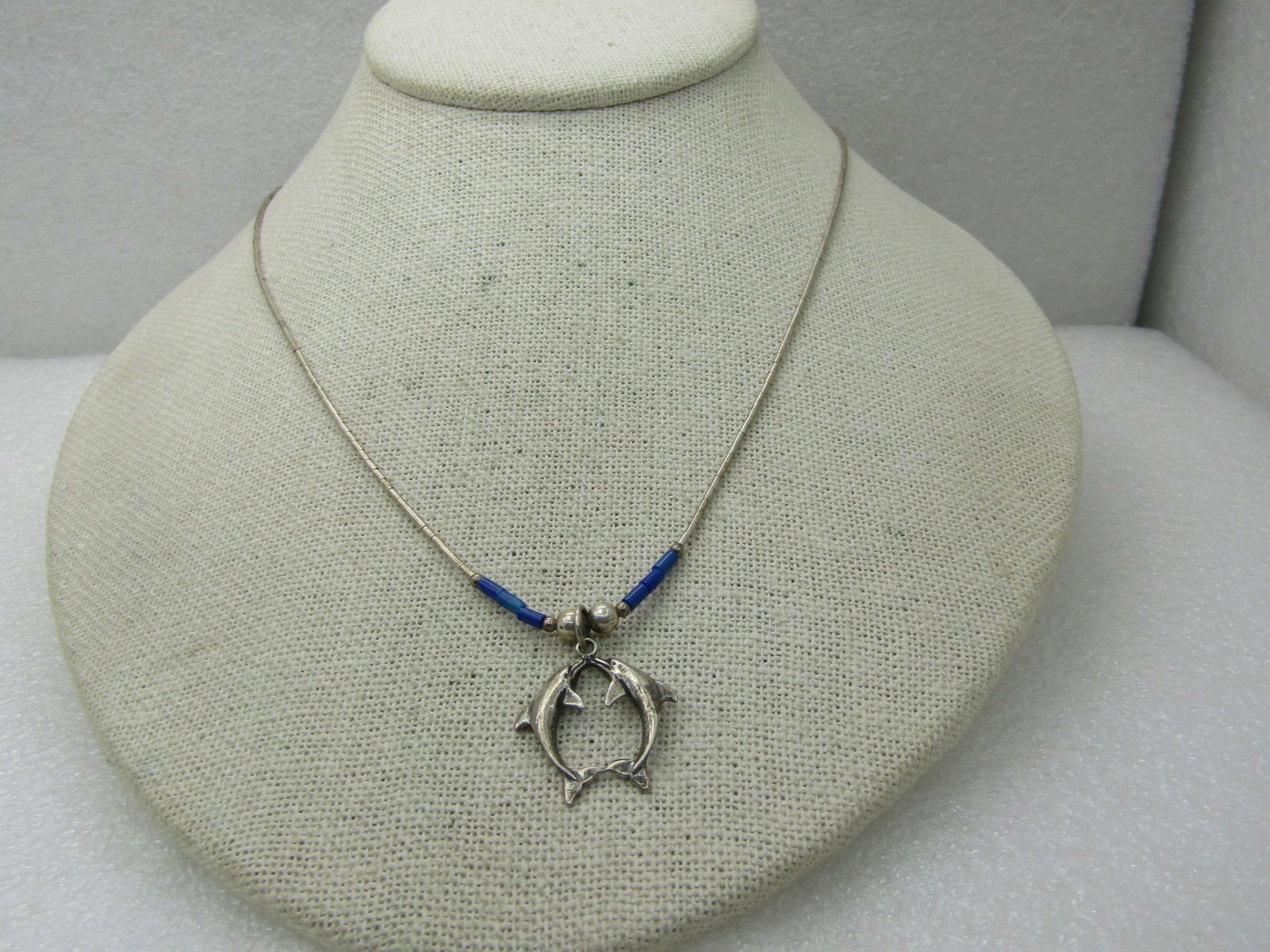 Vintage Sterling Dolphins Lapis Lazuli Necklace, 18" - 3