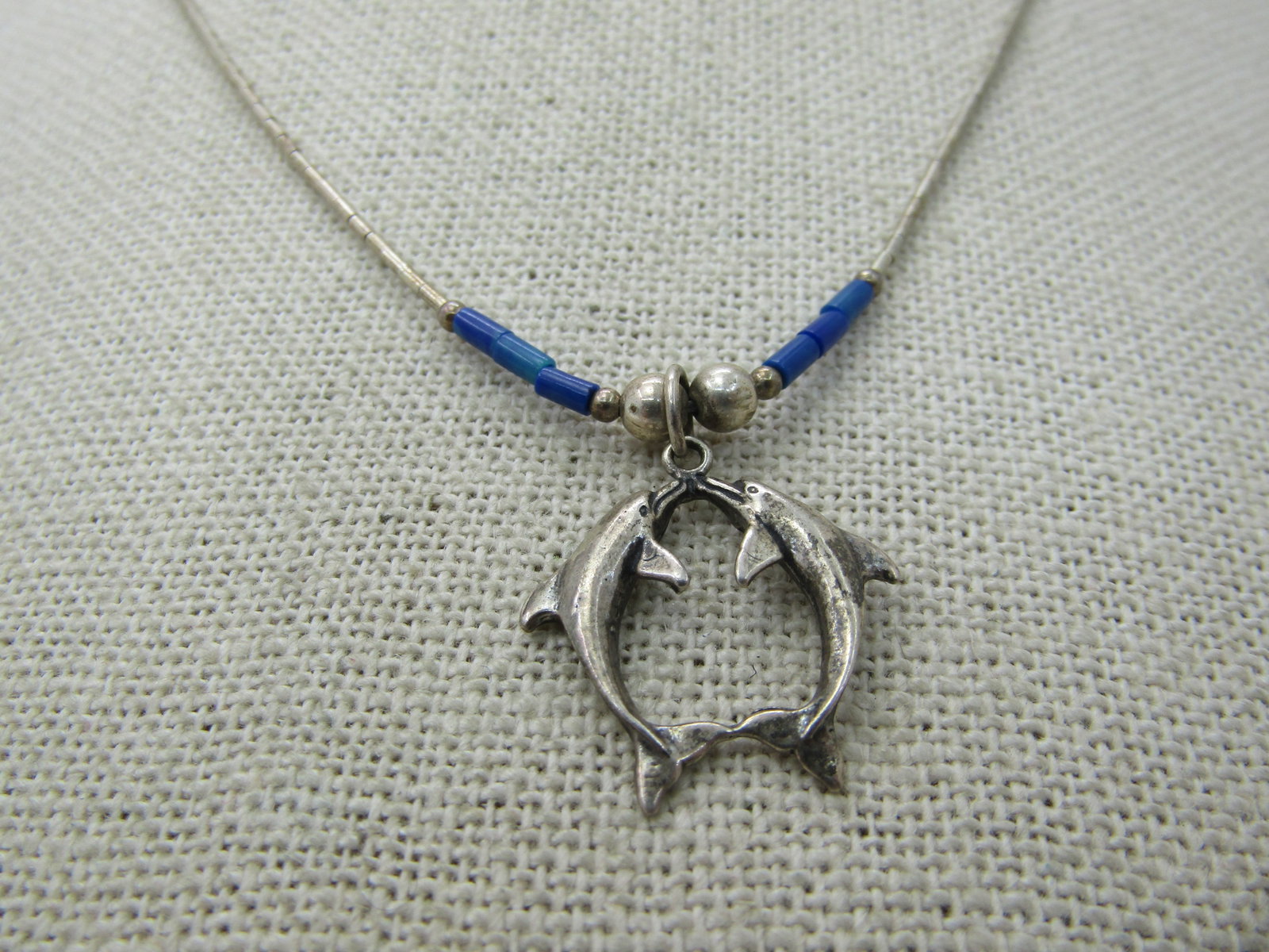 Vintage Sterling Dolphins Lapis Lazuli Necklace, 18" - 4