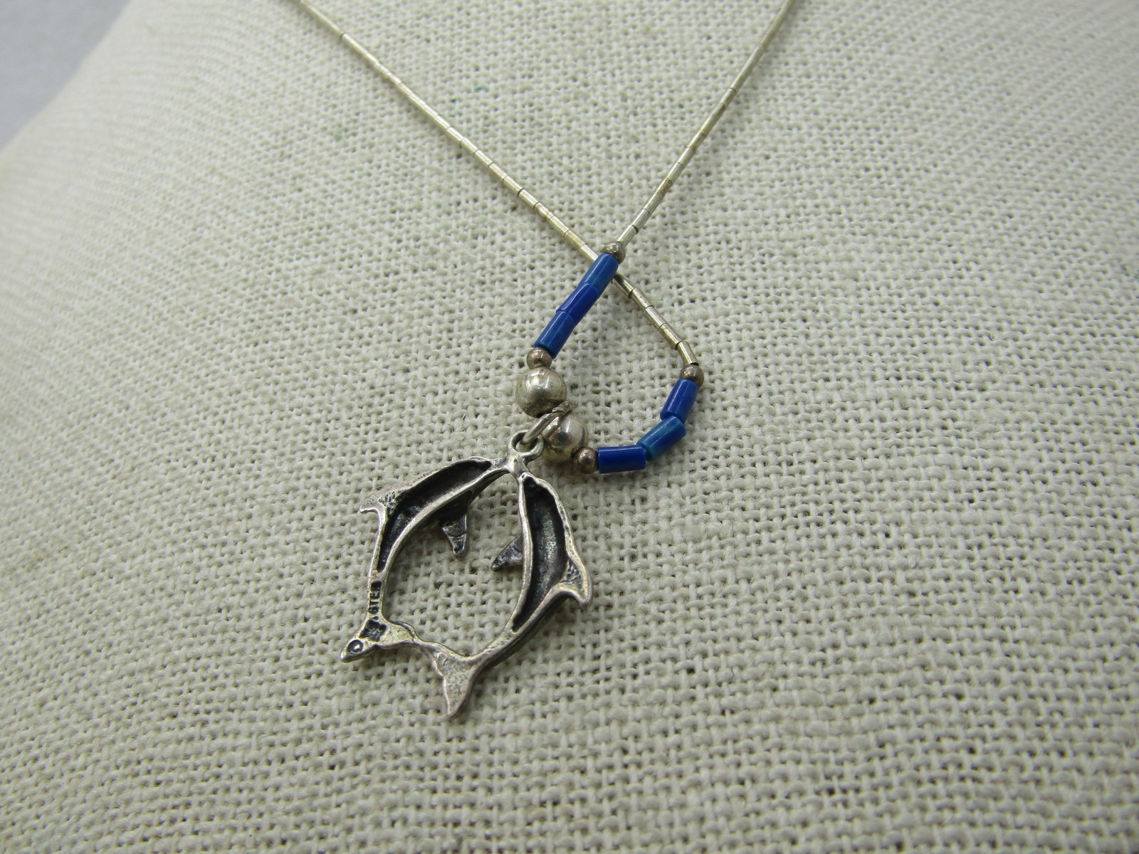 Vintage Sterling Dolphins Lapis Lazuli Necklace, 18" - 5
