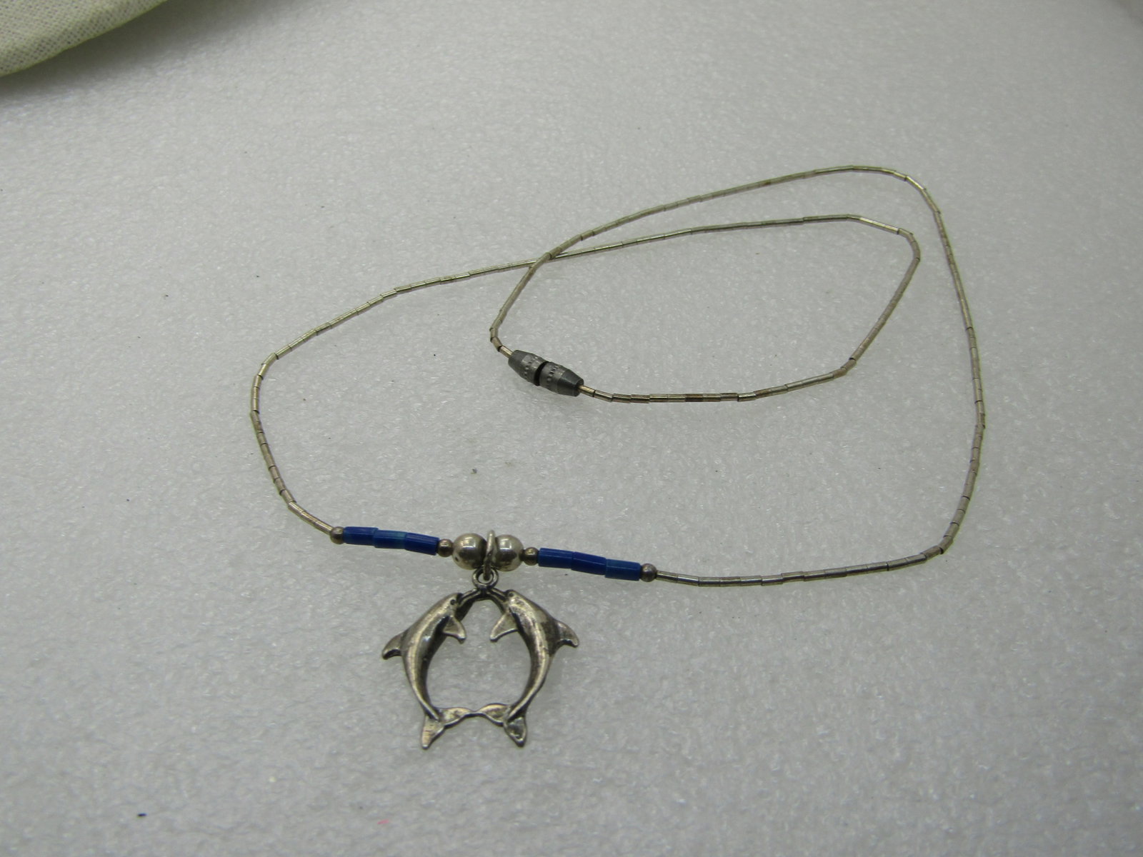 Vintage Sterling Dolphins Lapis Lazuli Necklace, 18" - 6