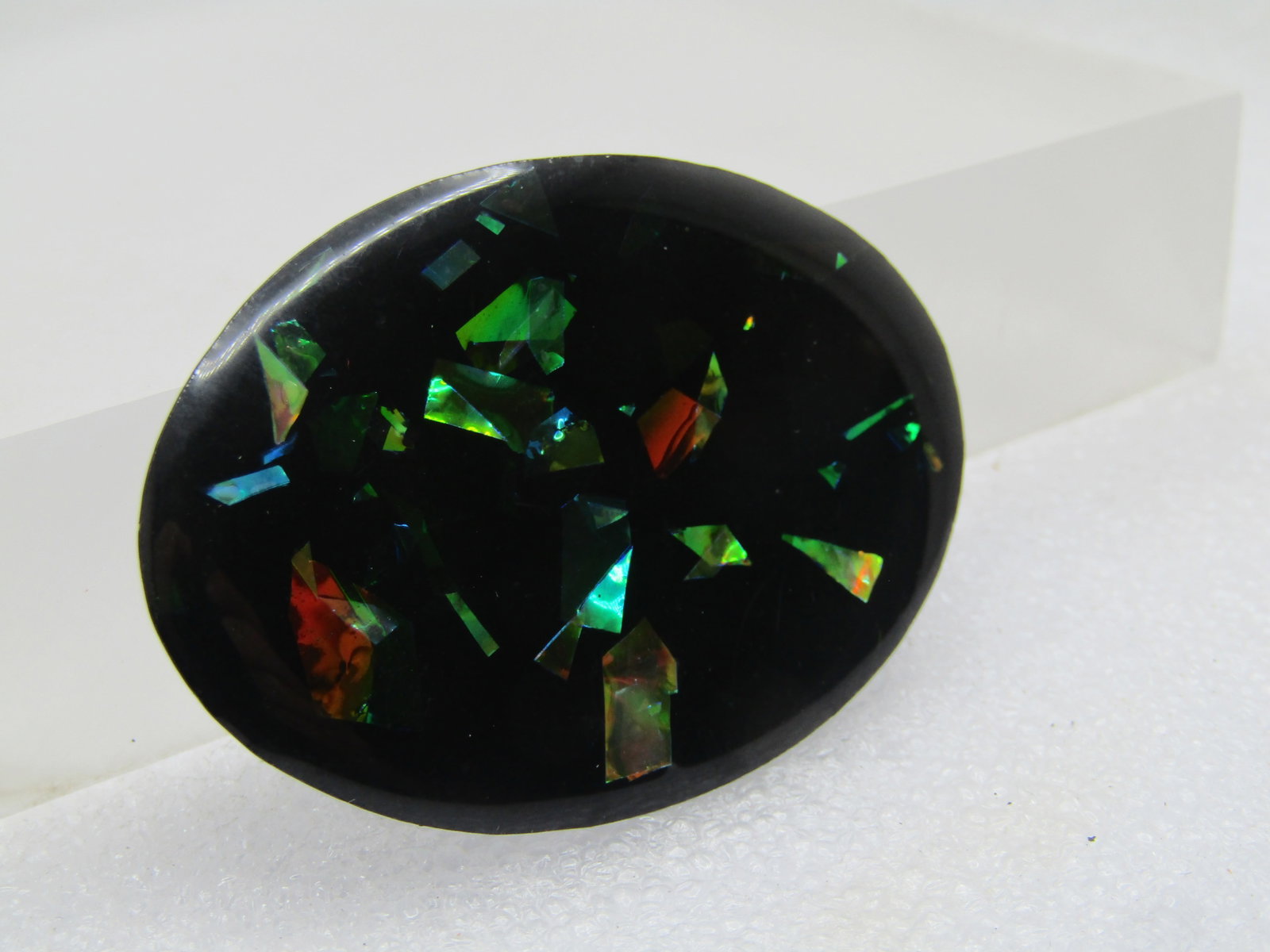 Vintage Black Metal & Opalescent Confetti Brooch, Laminated. 1960's 2-1/8" - 2