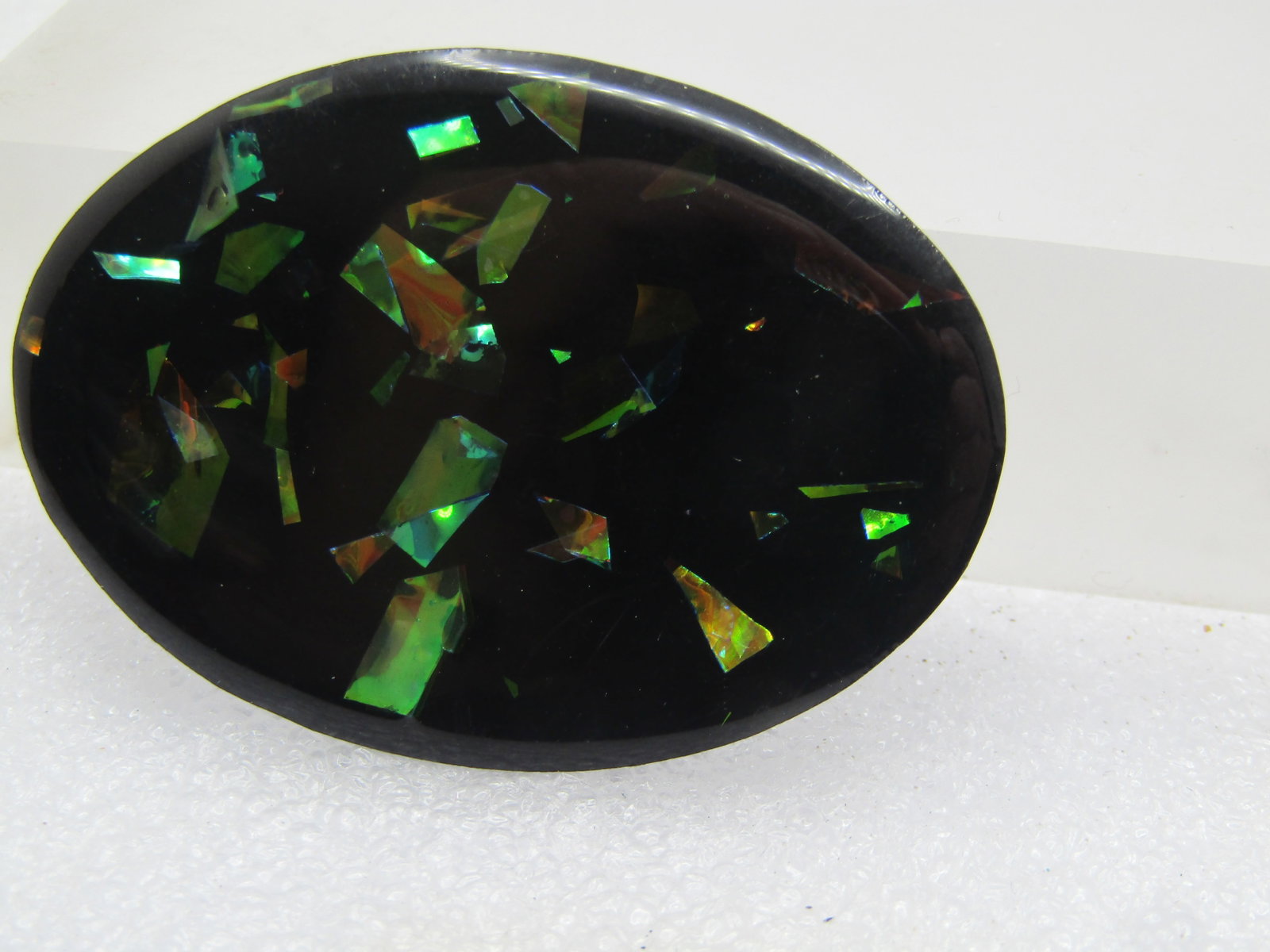 Vintage Black Metal & Opalescent Confetti Brooch, Laminated. 1960's 2-1/8" - 3