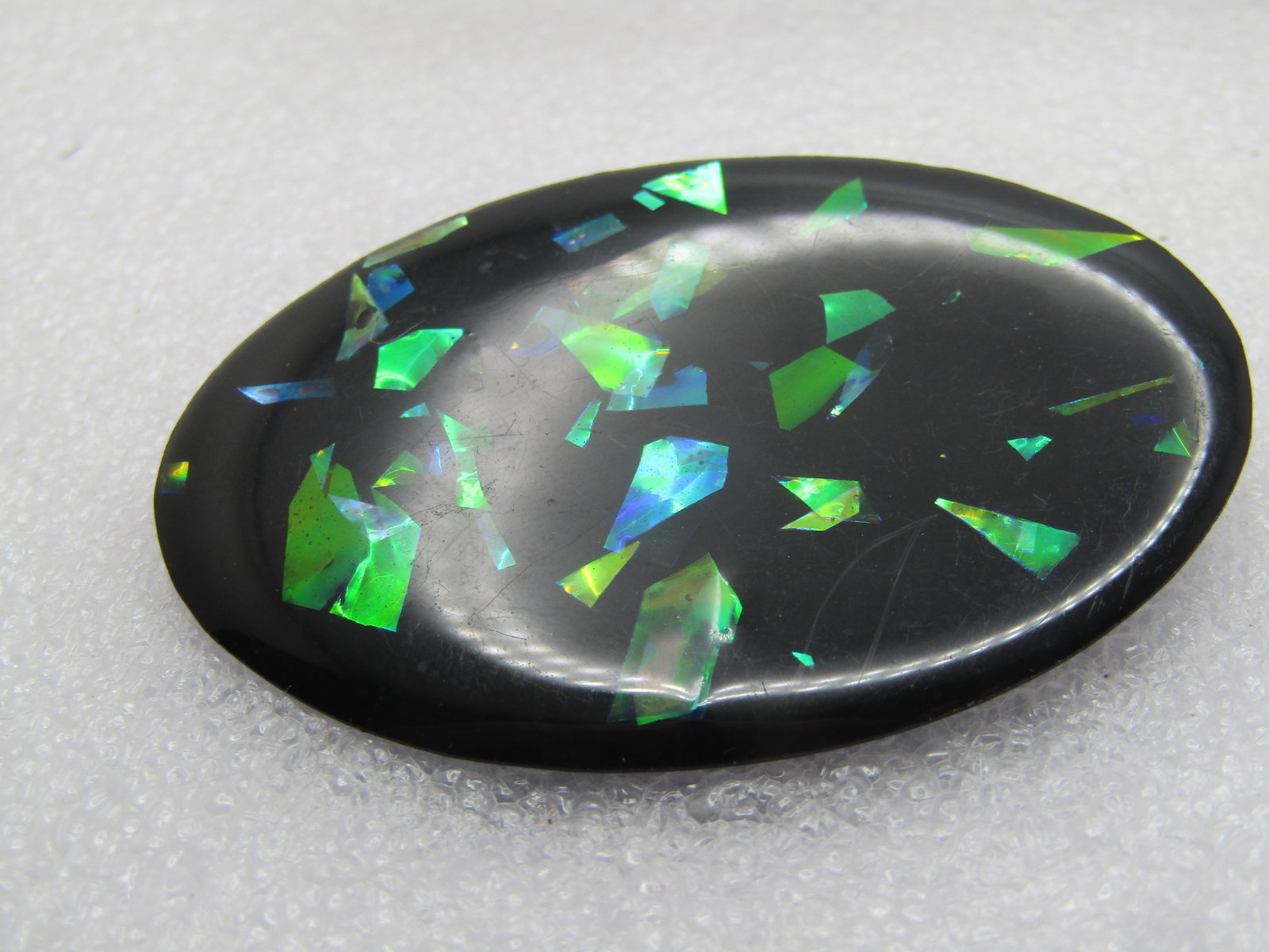 Vintage Black Metal & Opalescent Confetti Brooch, Laminated. 1960's 2-1/8" - 5