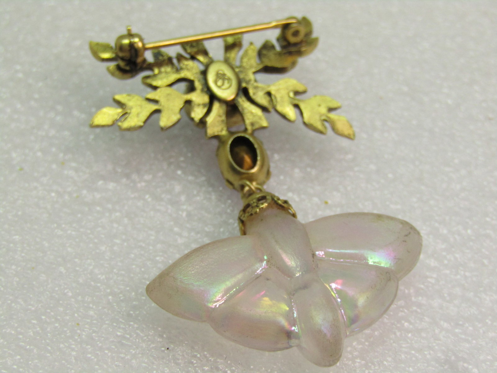 Vintage Dangling Butterfly Rhinestone Leaf Brooch, Opalescent, Signed F, 1980's-1990's - 4