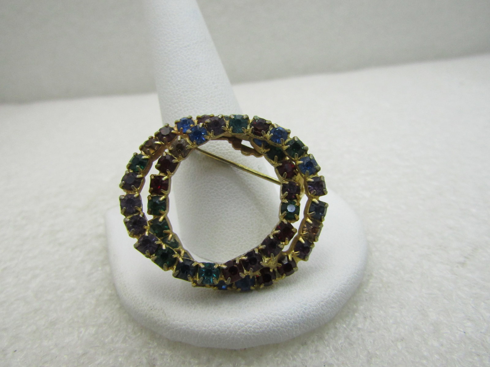 Vintage Double Circle Rhinestone Brooch, 1-3/8", 1960's-1970's: Title: Vintage Double Circle Rhinestone Brooch, 1-3/8", 1960's-1970's Description: Vintage Double Circle Rhinestone Brooch, 1-3/8", 1960's-1970's, gold tone with green, green, blue, and golden appx.