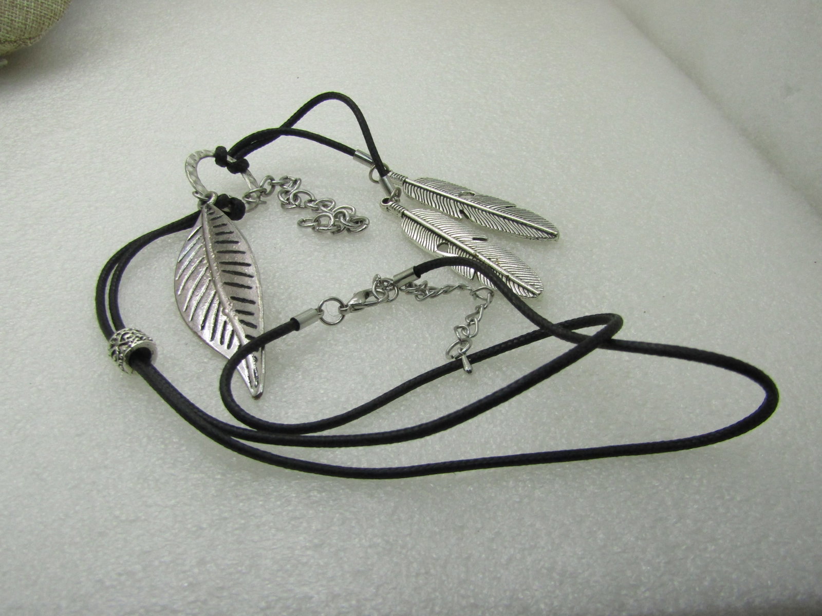 Silver Tone Dangling Feather Necklace, 26", Black Round Cord NL - 5