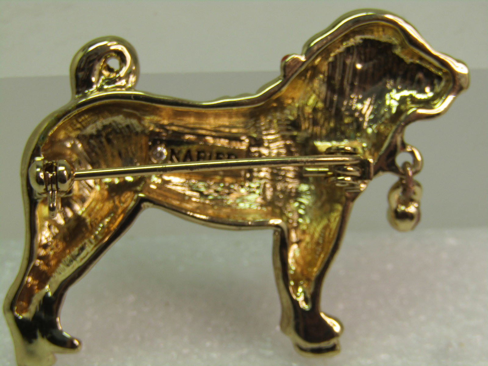Vintage Mastiff Dog Brooch, Rhinestone Dangle, Signed Napier, 1980's-1990's - 4