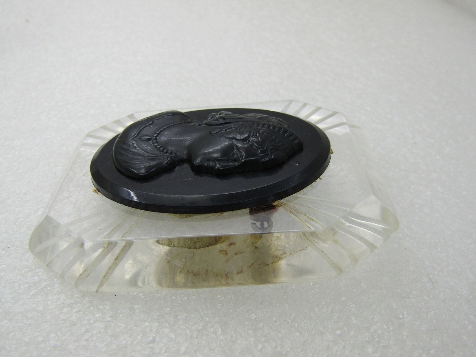 Vintage 1940's Clear Lucite & Black Cameo Brooch, Reverse Carved Frame, 2.5" - 4