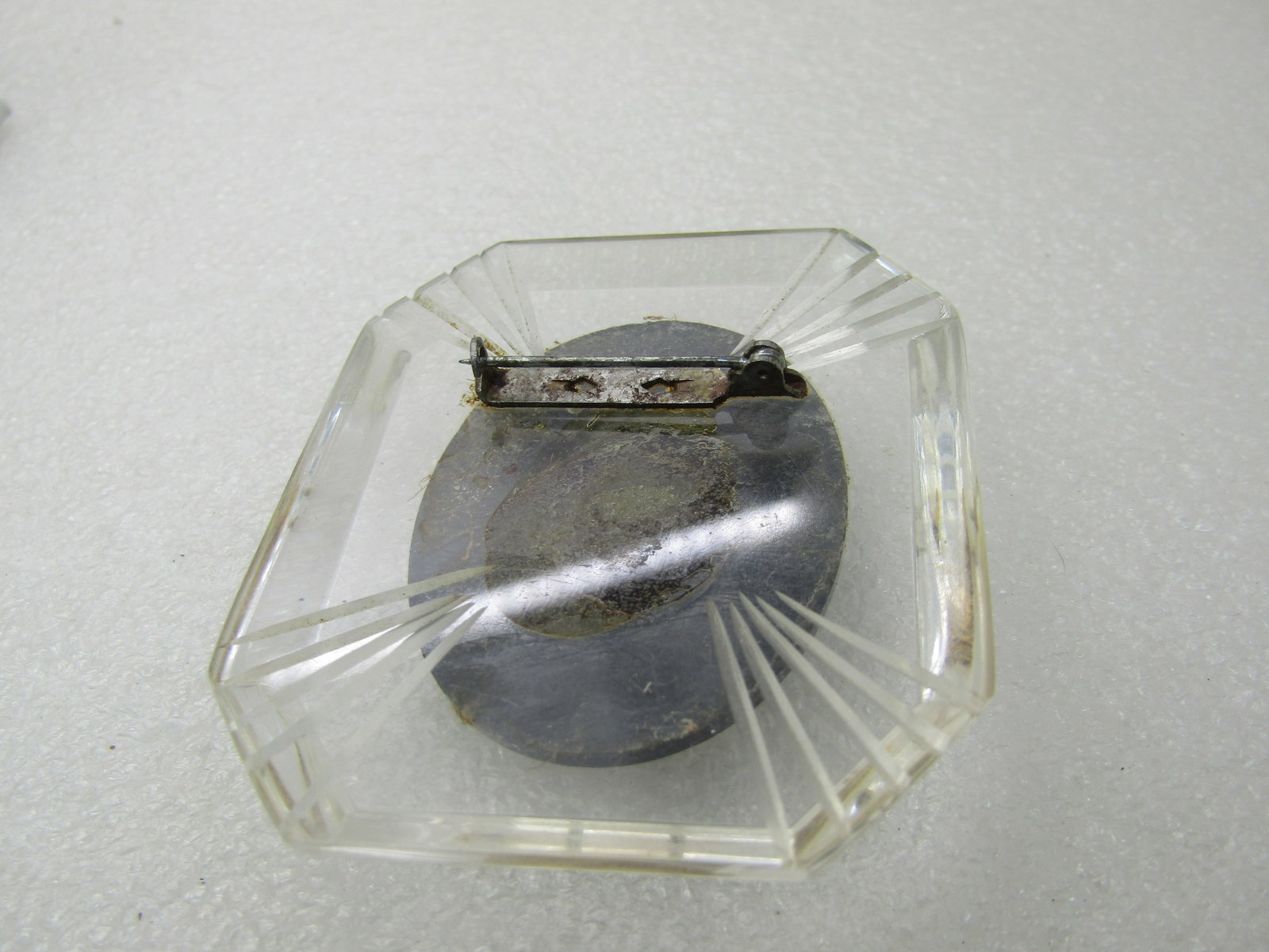 Vintage 1940's Clear Lucite & Black Cameo Brooch, Reverse Carved Frame, 2.5" - 5