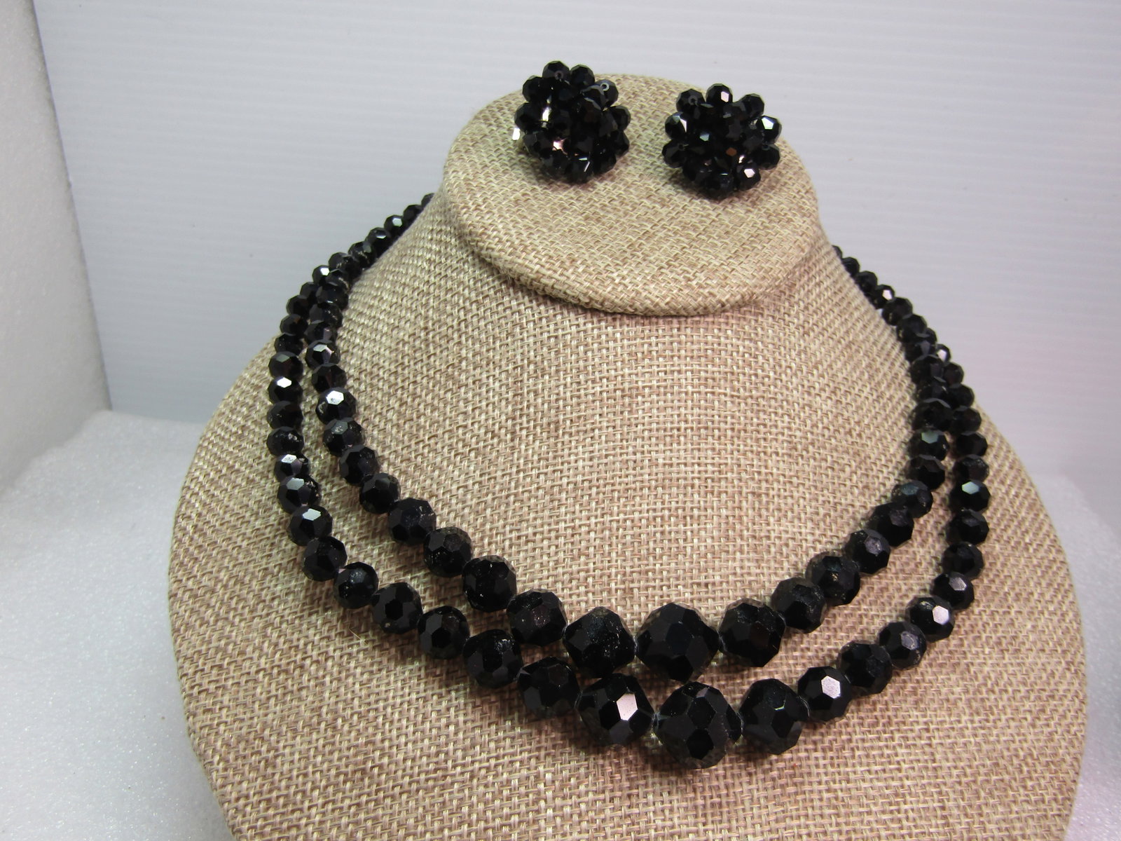 Vintage Black Faceted Glass Necklace & Earrings, Clip - Double Strand, 16", 1940's-1950's (1 of 6)